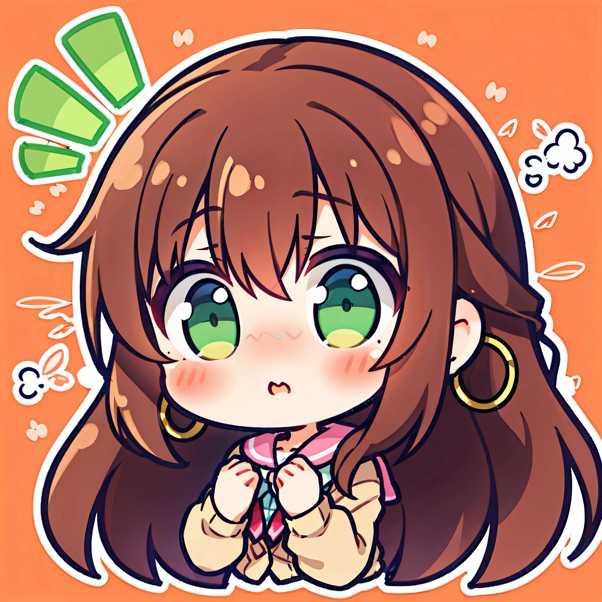 1girl,chibi,face close-up, wavy brown hair, green eyes, moles under eye, blush, shy, hoop earrings, pink cardigan, flustered, long hair, dark brown hair, completely red, ((shock))