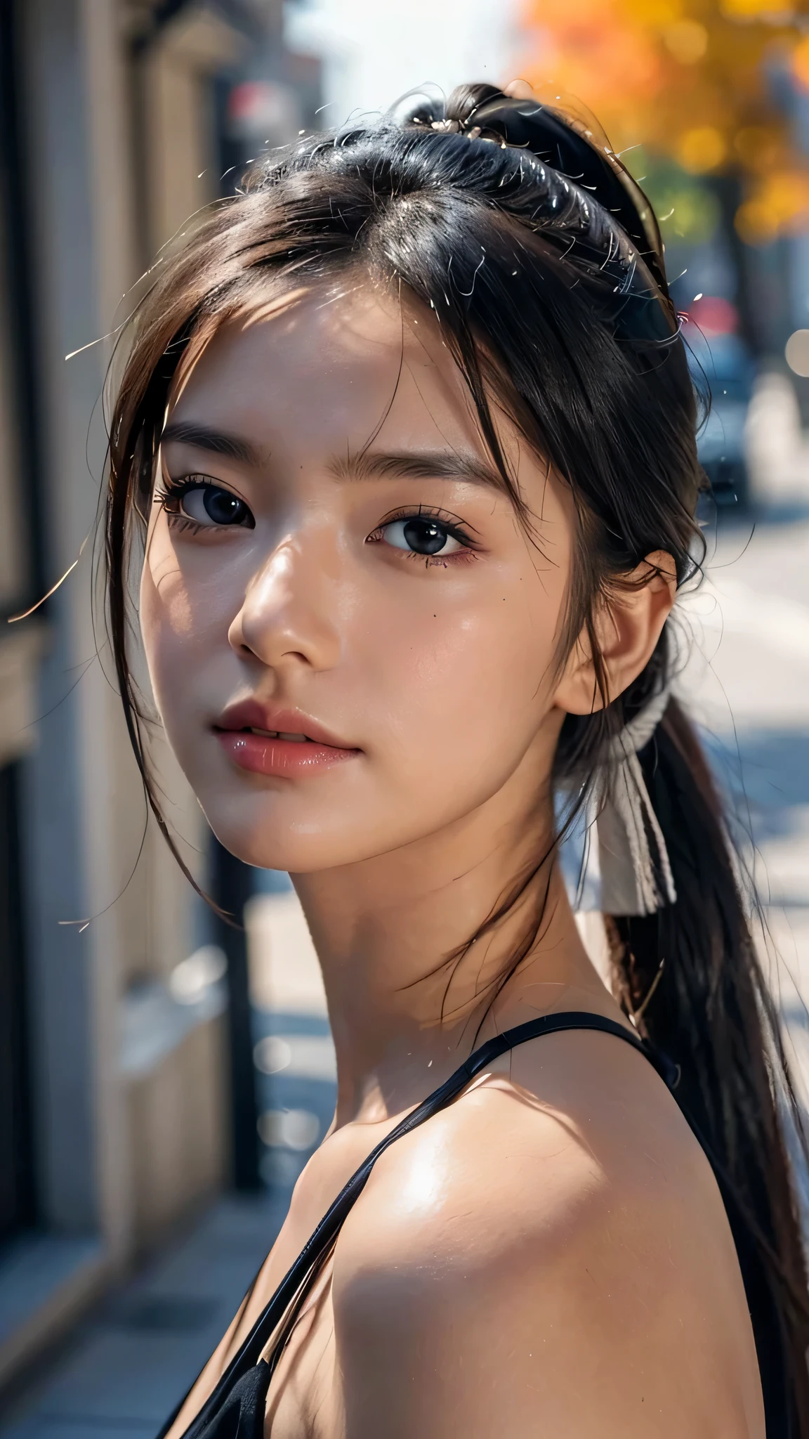 One woman,fully body photo,masutepiece, The highest image quality, High quality, the background is clear，Beautiful woman, Japanese, Detailed, Detailed eyes, Detailed skin, Beautiful skin, 超hight resolution, (reality: 1.4),Very beautiful woman, Slightly younger face, Beautiful skin, slender, (Ultra photo realsisim), (hight resolution), (8K), (Very detailed) (beautifully detailed eyes), (super detailed),   (Detailed face), view the viewer, Fine details, Detailed face, Staring straight ahead, Staring straight ahead, photos realistic, Bright lighting, Professional Lighting, Black hair,poneyTail,a baby face,sixteen years old,Hairstyle is ponytail,long ponytail hairstyle,slight smile,neat and tidy clothing,European Streets,Autumn Clothing