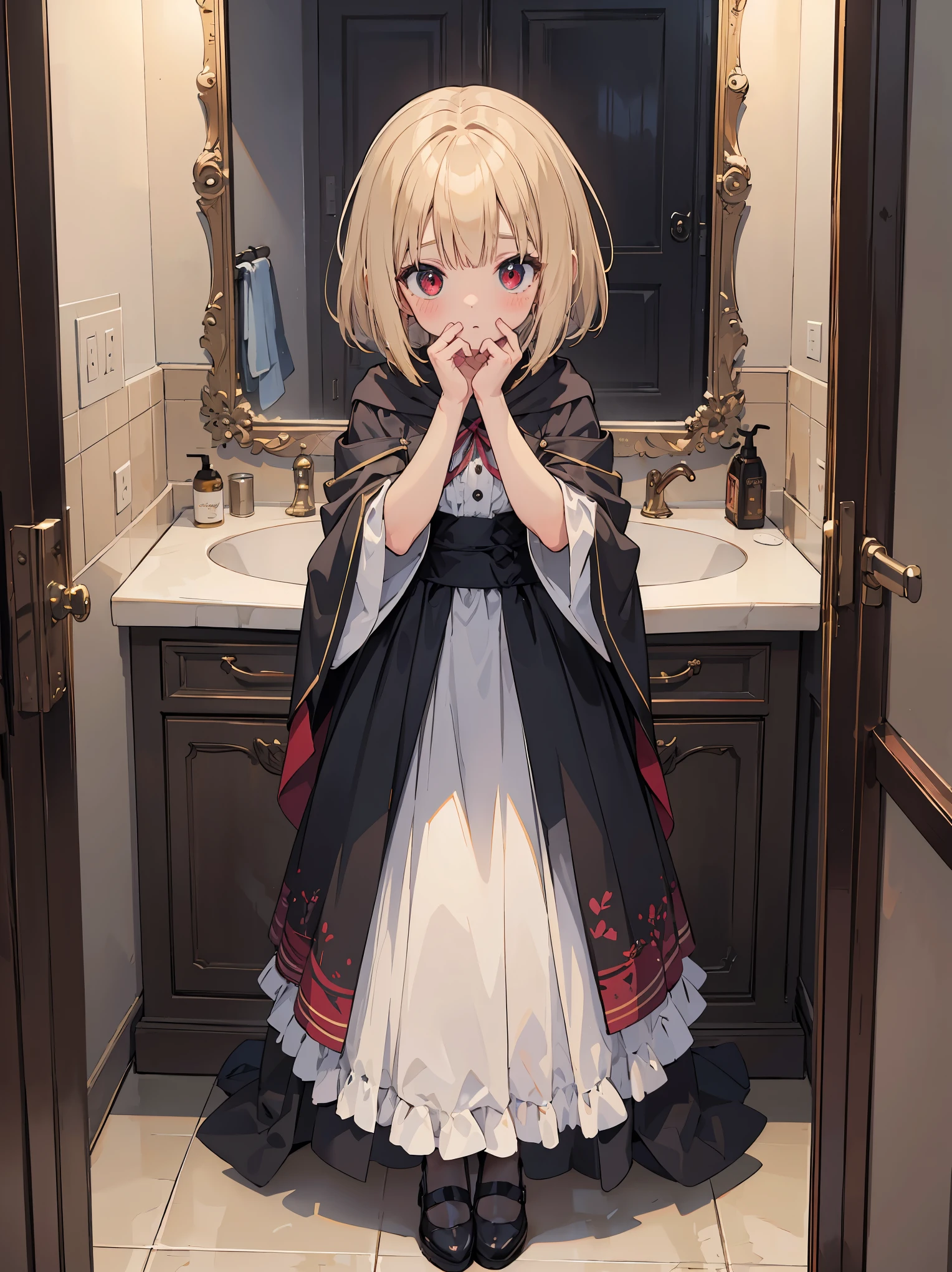 ((put your hand on your face)), ((surprised)), (Looking at the front)), (blush), 1 girl, 、young、Chibi、blonde, red eyes, braided hair, bob cut, Fantasy style neat costume, wizard, frills, robe, long skirt, tights, black cloak, sink, Bathroom, mirror, concept art, beautiful anime scene, beautiful anime scenery, highest quality, ((masterpiece))