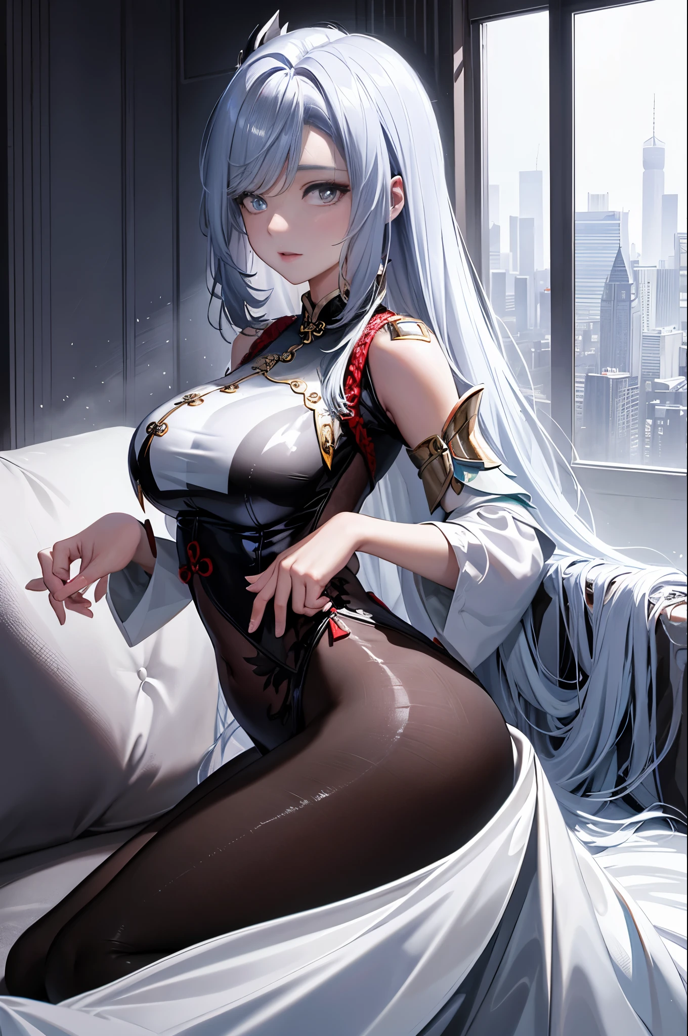 "(top-quality、tmasterpiece:1.2，Unity 16K wallpaper, Masterpiece, Best quality, super ultra detail, Extremely detailed CG, Caustics, Cinematic lighting, Detailed, Beautiful detailed eyes, Solo), ultra high resolution, Fine skin, teens girl，long  white hair、Smooth skin、Beautiful mouth、Smooth legs、busty figure，Black and white transparent close-fitting cheongsam，Moon，On the sofa，Extend your hands to me，Tall and tall，Visible on the back，Butt visible,Lateral breasts are visible"