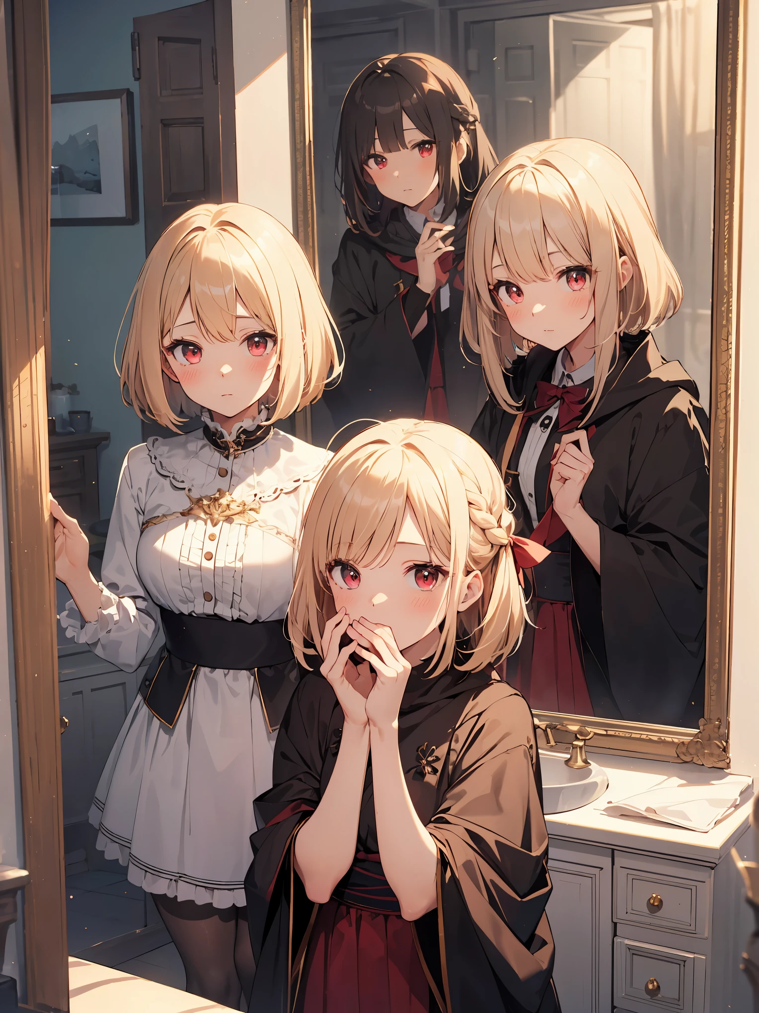 ((put your hand on your face)), ((surprised)), (Looking at the front)), (blush), 1 girl, 、young、Chibi、blonde, red eyes, braided hair, bob cut, Fantasy style neat costume, wizard, frills, robe, long skirt, tights, black cloak, sink, Bathroom, mirror, concept art, beautiful anime scene, beautiful anime scenery, highest quality, ((masterpiece))