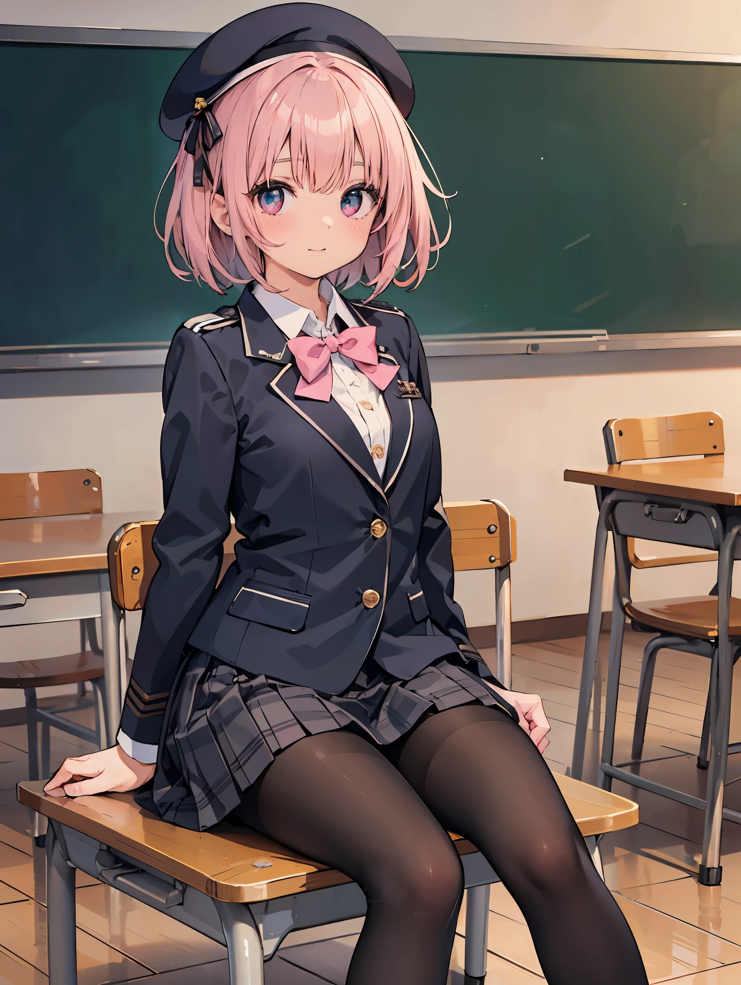 細部に至るまinの傑作、highest quality、realistic、1 girl、solo、18-year-old、Looks about 5 years old、140cm beautiful girl、、5 year old baby face、Silky hair、Gradient bob in the forward、金hairと茶色のメッシュ、big vertical eyes、Outstanding looks、cute 、proximity、closed_mouth、laughter、blush、恥ずかしさinいっぱい、beret、pink bow tie、Branded uniforms、 青いblazer、blazer、pleated skirt、gray skirt、silk blouse、white blouse、feet、black tights、sit on top、classroom、hair_ornament、looking for_in_viewer、beiniful detailed eyes、realistic目、tights on、Not clear、professional effects、Not clear、enhanced elegance、Really ridiculous cuteness、cute、bold action