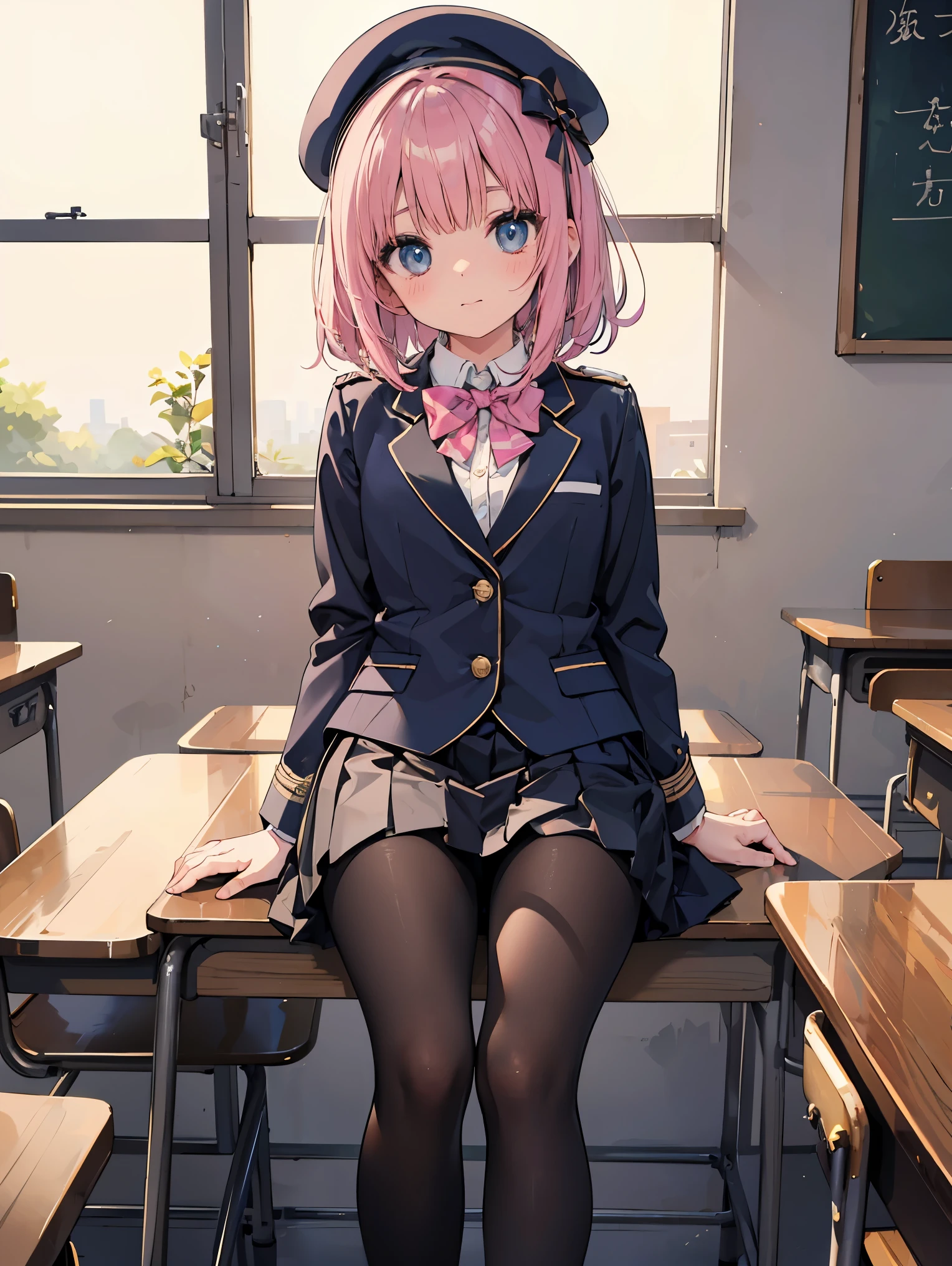 細部に至るまinの傑作、highest quality、realistic、1 girl、solo、18-year-old、Looks about 5 years old、140cm beautiful girl、、5 year old baby face、Silky hair、Gradient bob in the forward、金hairと茶色のメッシュ、big vertical eyes、Outstanding looks、cute 、proximity、closed_mouth、laughter、blush、恥ずかしさinいっぱい、beret、pink bow tie、Branded uniforms、 青いblazer、blazer、pleated skirt、gray skirt、silk blouse、white blouse、feet、black tights、sit on top、classroom、hair_ornament、looking for_in_viewer、beiniful detailed eyes、realistic目、tights on、Not clear、professional effects、Not clear、enhanced elegance、Really ridiculous cuteness、cute、bold action