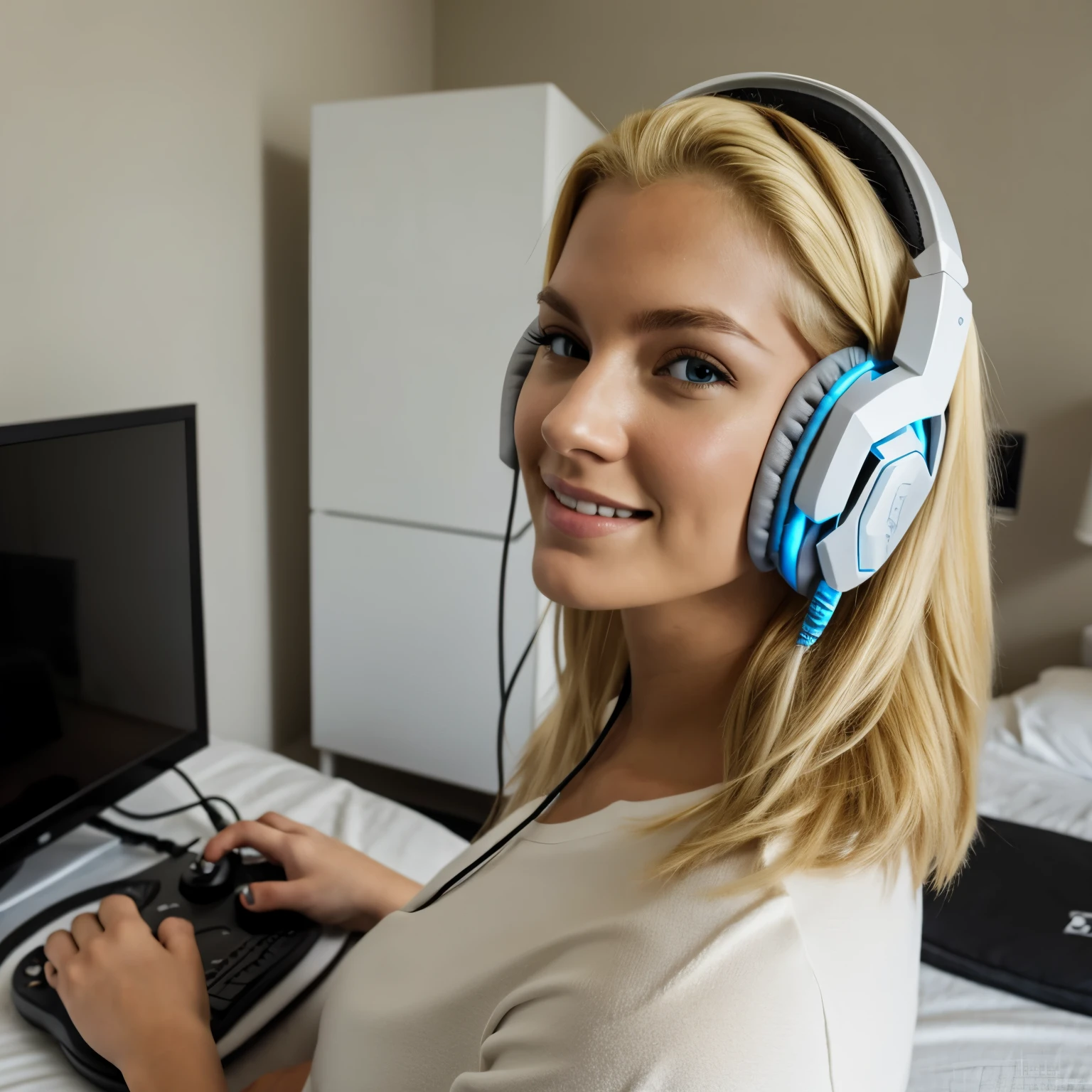 Gaming headset, blonde, bedroom