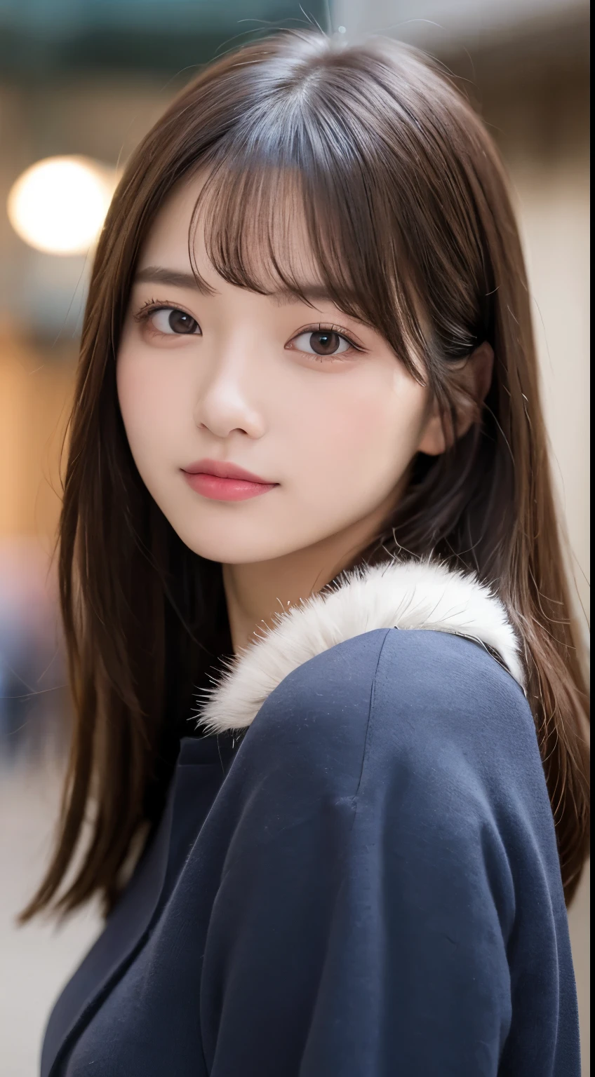 table top, highest quality, shape, Super detailed, finely, High resolution, 8k wallpaper, 完璧なダイナミックな構shape, beautiful and detailed eyes, Gorgeous winter fashion using fur,straight hair,small breasts、natural color lip,20 year old girl、cute、sexy looking at camera,beautiful and detailed face,perfect and beautiful face,KPOP idol face,Japanese idol faces,Elegant face,RAW photo,Big eyes,gal makeup,blur the background、smile、Take a close-up photo of your face