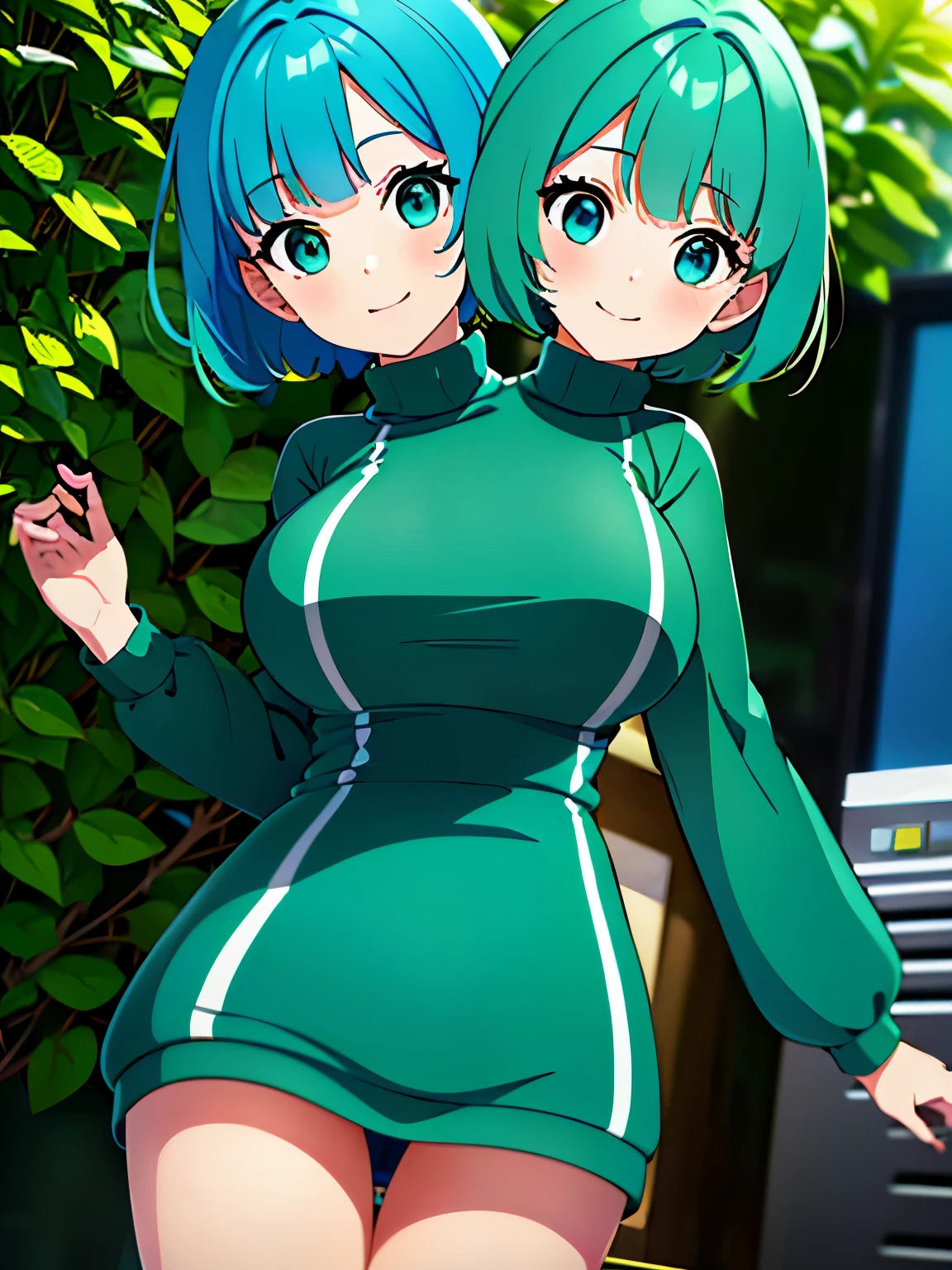 (masterpiece),(ultra-detailed), (high quality), (high resolution), (best quality:1.5, highres, UHD), highres, absurd, ultra detail, ultra quality, Ultra resolution, 16k, ((2heads:1.5)), teal hair, (blue green hair), (different hairstyles), turquoise eyes, casual wear, (turquoise turtleneck sweater), (sleeveless sweater), strong and confident expressions, ((kindergarten)), (smiling), green construction helmets, ((two headed girl))