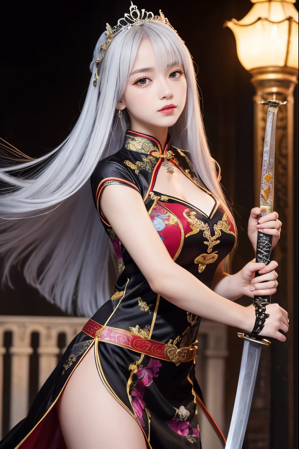 ( absurdly , high quality , Super detailed,See photographer ), ((A girl holding a sword in a dynamic pose, she has a sword hilt, beautiful sword)), ((Black Knight、BlackKnight、vampire night))、beautiful girl, Alone, (((very long white hair))), beautiful crystal eyes ,Queen,baroque, necklace, elegant, colorful,tiara,hair ornaments,Cheongsam dress costume with detailed and beautiful colorful patterns