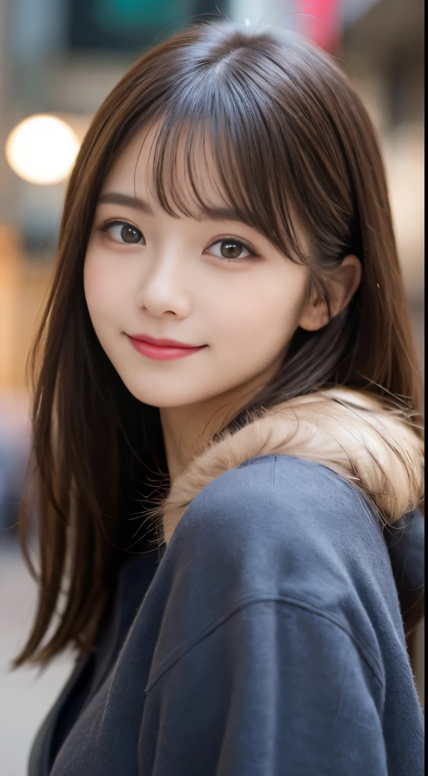 table top, highest quality, shape, Super detailed, finely, High resolution, 8k wallpaper, 完璧なダイナミックな構shape, beautiful and detailed eyes, Gorgeous winter fashion using fur,straight hair,small breasts、natural color lip,20 year old girl、cute、sexy looking at camera,beautiful and detailed face,perfect and beautiful face,KPOP idol face,Japanese idol faces,Elegant face,RAW photo,Big eyes,gal makeup,blur the background、smile、Take a close-up photo of your face