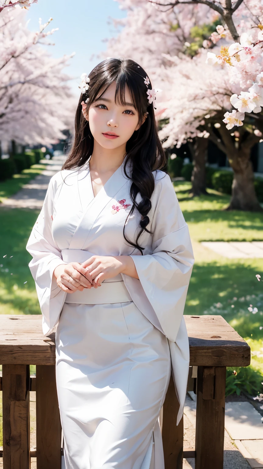 (logo、masterpiece、8k、table top、RAW photo、wonderful、最high quality、Photorealistic and hvery detailed CG integrated 8k wallpaper、high quality、very detailed、narrative poem、particle effects、dynamic effects、Depth of the bounds written、cinematic light、Lens flare、ray tracing)、fantasy、 (1 beautiful woman、white kimono、Japan Dresses、white cherry blossom pattern、White cherry blossom embroidery pattern、black haired、beautiful face、real face、beautiful details eyes beautiful skin)、Hair flutters in Wind、hair bounces、pink cherry tree、petals dance、SakuraFubuki、Spectacular view、sunrise、sun on background、Wind、god々、tooth、god話、vast land、