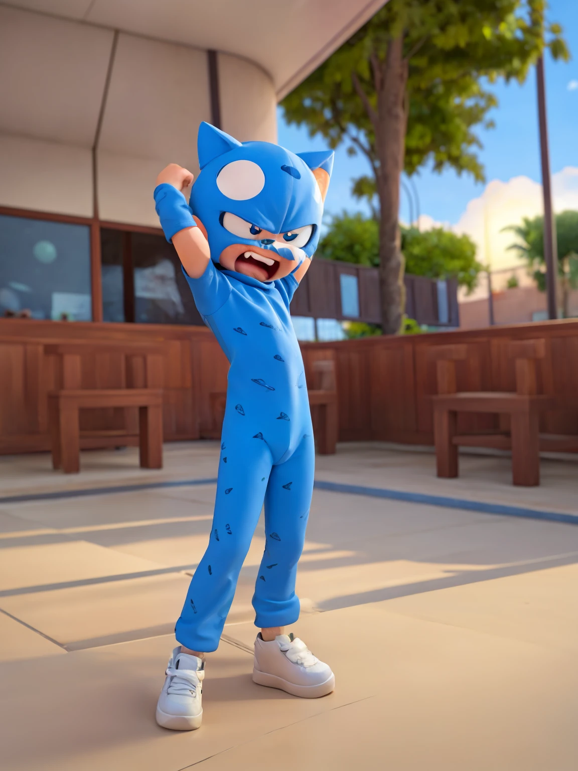 (((Comic Style, cartoon art))). TME0224 (((a angry ???, 4yo))), sideways, with arms crossed style , wearing a BLUE cat hero costume. Bad Boy Style . (((Abstract cosmic background))). highly detailed, detailed face, realistic, cinematic lighting, studio quality, professional, detailed face, intricate, vivid colors.