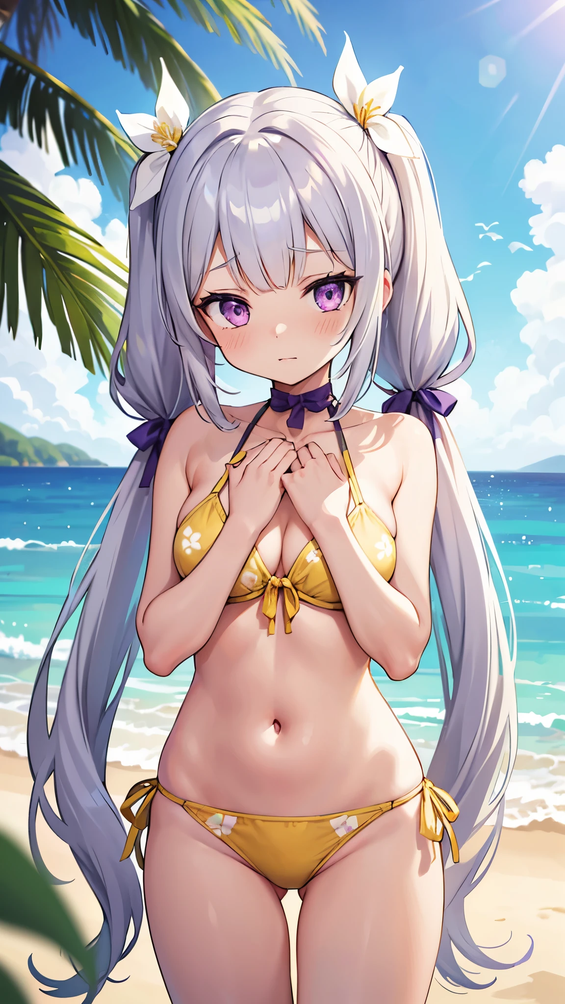 she's wearing a yellow bikini with white flower patterns on it at the beach with thin straps and she is flustered and shy her right hand place awkwardly near her chest, noelle silva, hair ribbon, long hair, (purple eyes:1.1), silver hair, twintails,