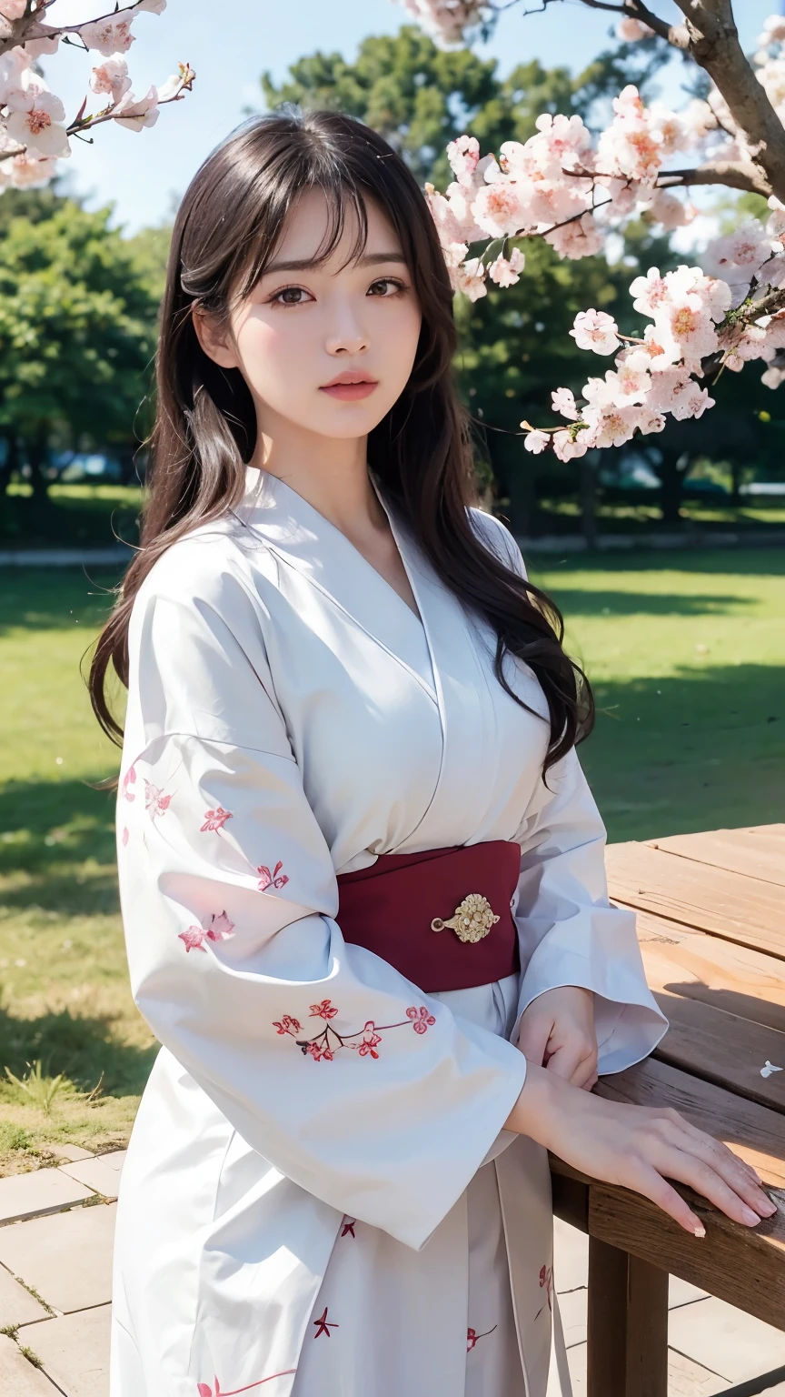 (logo、masterpiece、8k、table top、RAW photo、wonderful、最high quality、Photorealistic and hvery detailed CG integrated 8k wallpaper、high quality、very detailed、narrative poem、particle effects、dynamic effects、Depth of the bounds written、cinematic light、Lens flare、ray tracing)、fantasy、 (1 beautiful woman、white kimono、Japan Dresses、white cherry blossom pattern、White cherry blossom embroidery pattern、black haired、beautiful face、real face、beautiful details eyes beautiful skin)、Hair flutters in Wind、hair bounces、pink cherry tree、petals dance、SakuraFubuki、Spectacular view、sunrise、sun on background、Wind、god々、tooth、god話、vast land、