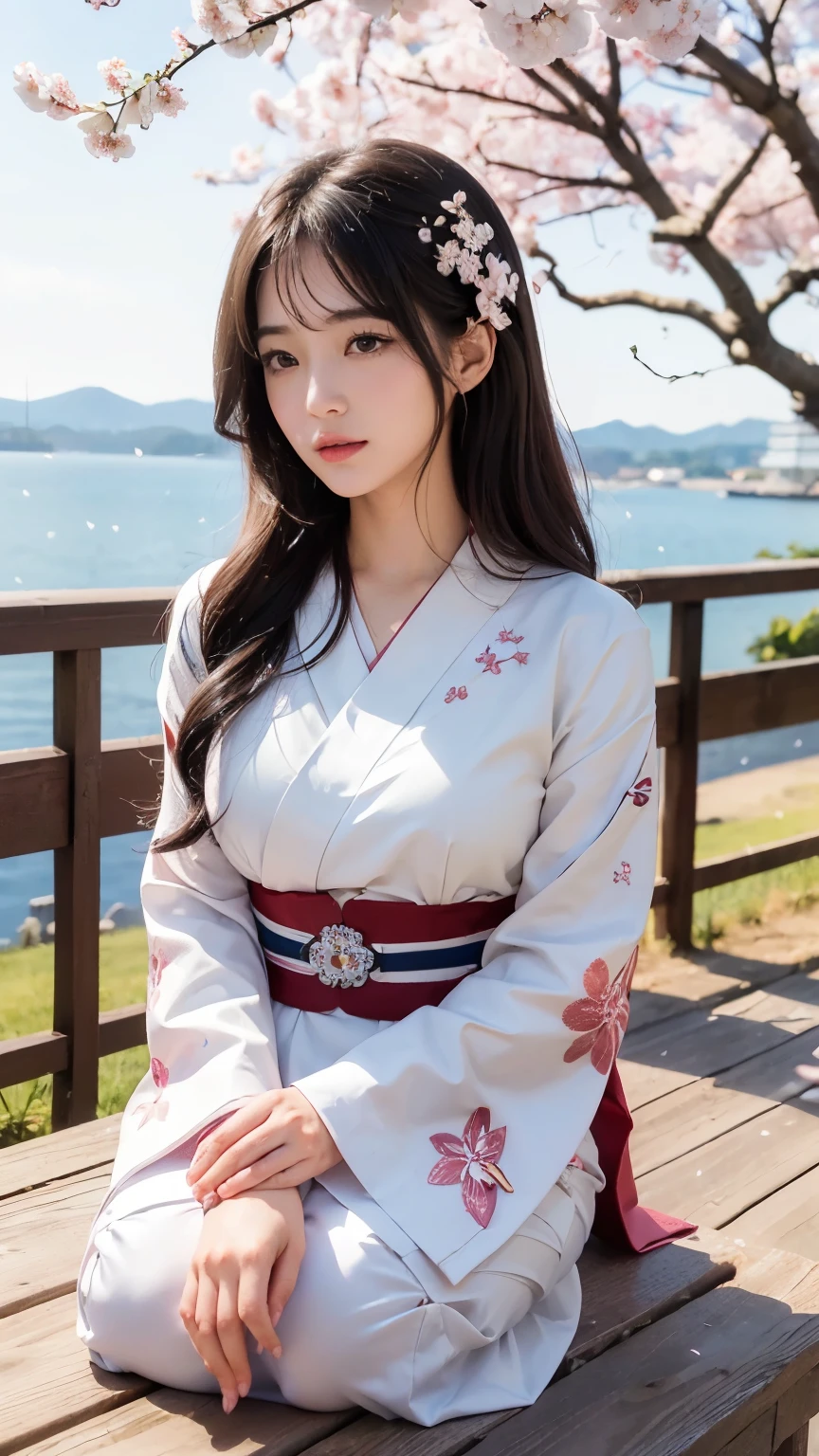 (logo、masterpiece、8k、table top、RAW photo、wonderful、最high quality、Photorealistic and hvery detailed CG integrated 8k wallpaper、high quality、very detailed、narrative poem、particle effects、dynamic effects、Depth of the bounds written、cinematic light、Lens flare、ray tracing)、fantasy、 (1 beautiful woman、white kimono、Japan Dresses、white cherry blossom pattern、White cherry blossom embroidery pattern、black haired、beautiful face、real face、beautiful details eyes beautiful skin)、Hair flutters in Wind、hair bounces、pink cherry tree、petals dance、SakuraFubuki、Spectacular view、sunrise、sun on background、Wind、god々、tooth、god話、vast land、