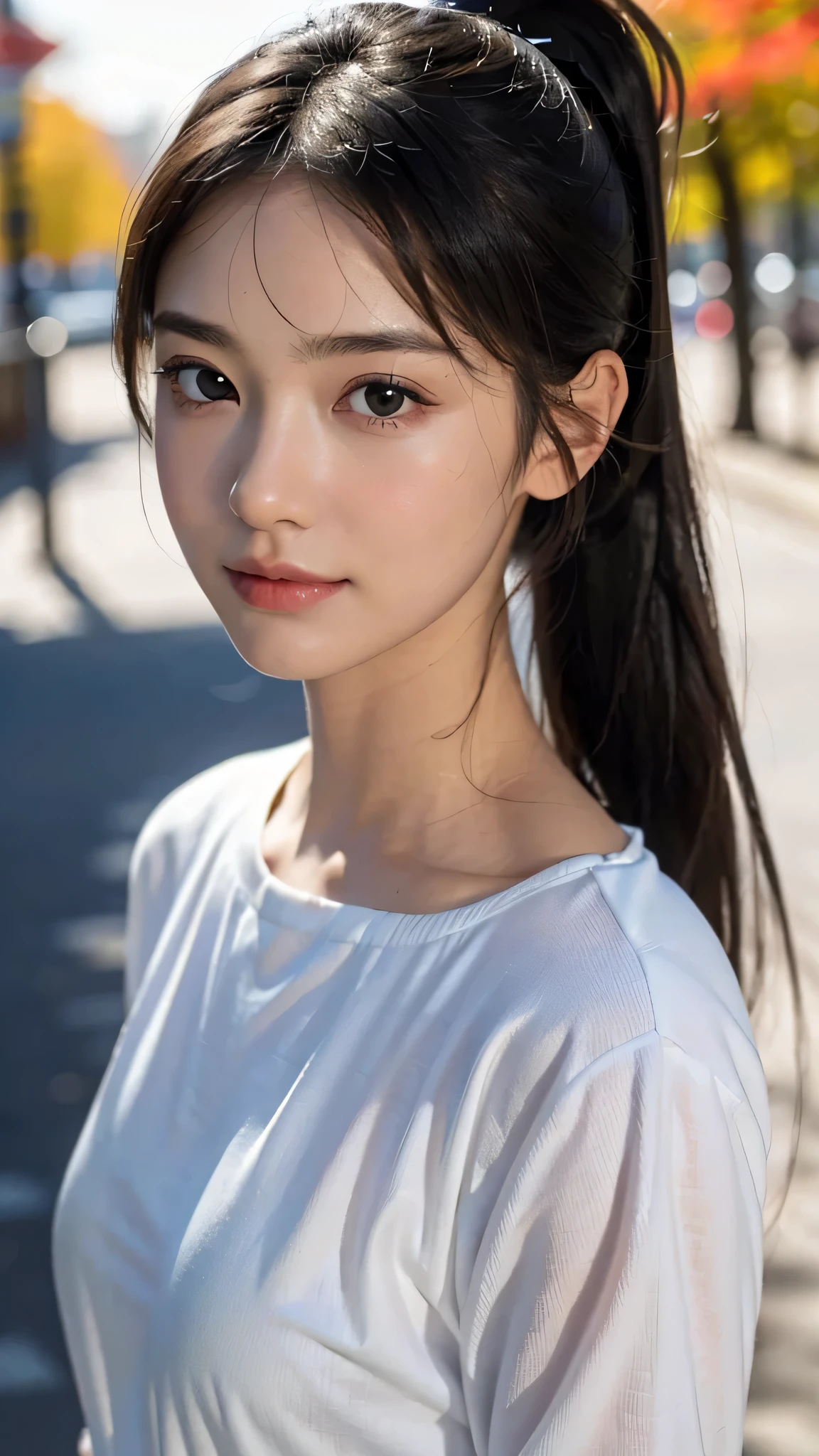 One woman,fully body photo,masutepiece, The highest image quality, High quality, the background is clear，Beautiful woman, Japanese, Detailed, Detailed eyes, Detailed skin, Beautiful skin, 超hight resolution, (reality: 1.4),Very beautiful woman, Slightly younger face, Beautiful skin, slender, (Ultra photo realsisim), (hight resolution), (8K), (Very detailed) (beautifully detailed eyes), (super detailed),   (Detailed face), view the viewer, Fine details, Detailed face, Staring straight ahead, Staring straight ahead, photos realistic, Bright lighting, Professional Lighting, Black hair,poneyTail,a baby face,sixteen years old,Hairstyle is ponytail,long ponytail hairstyle,slight smile,neat and tidy clothing,European Streets,Autumn Clothing