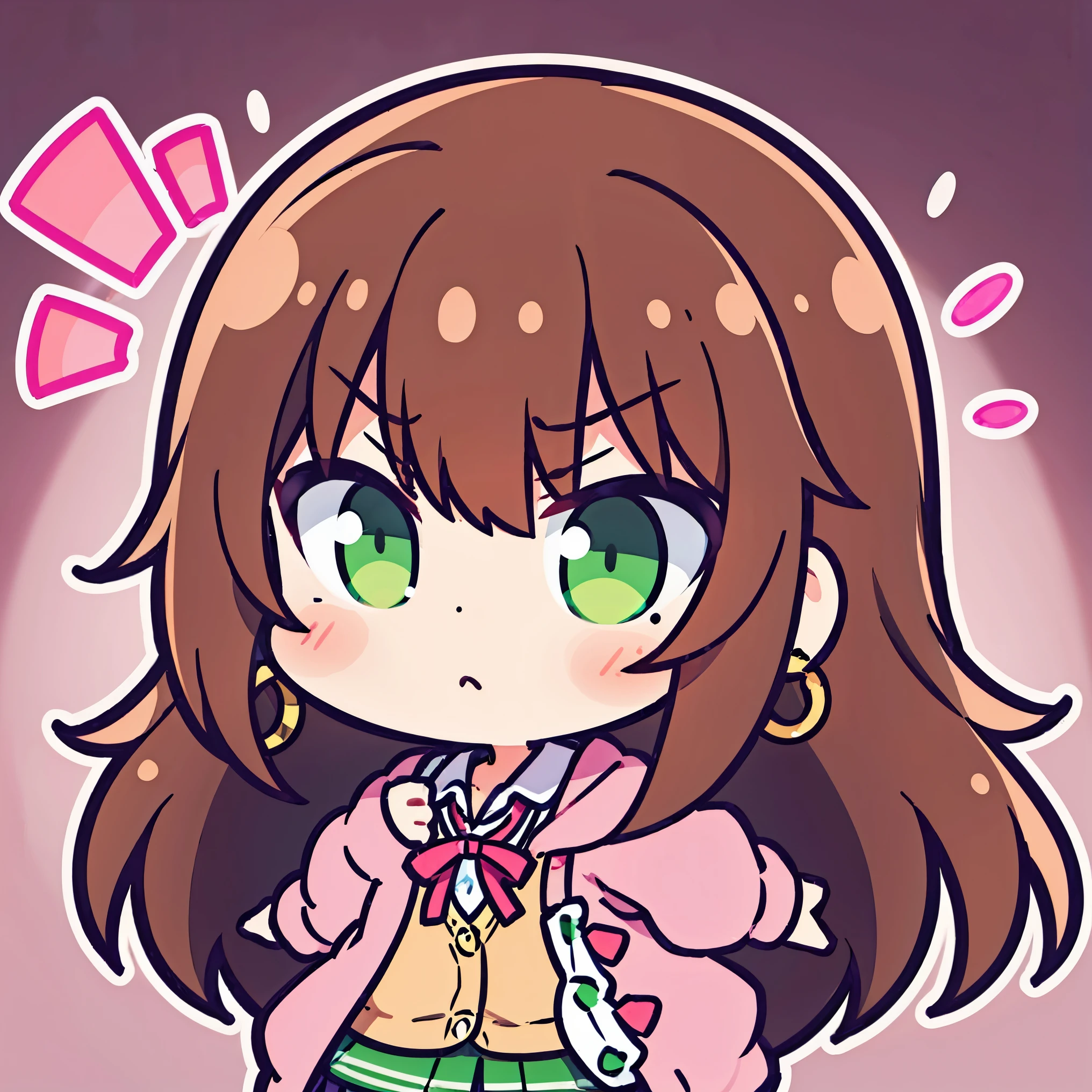 1girl,chibi,face close-up, wavy brown hair, green eyes, moles under eye, hoop earrings, pink cardigan long hair, dark brown hair, angry, stern Expressiom