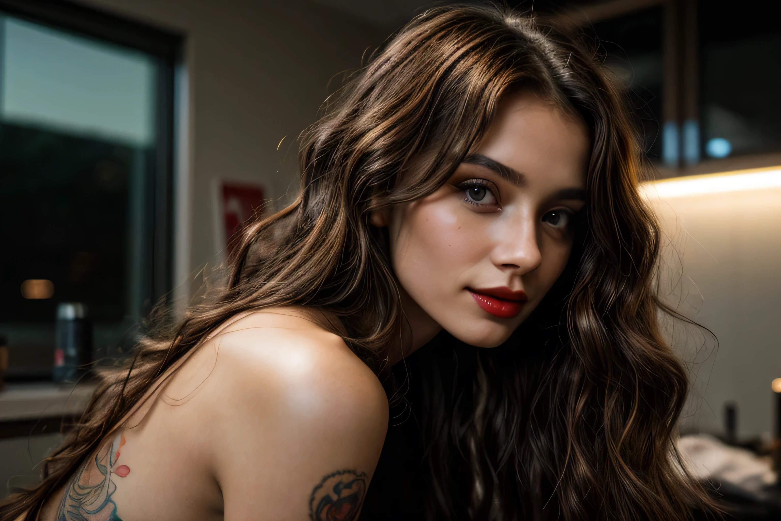 brown long beautiful hair, Sibirisches Gesicht, rote Lippen, lange Haare, medium closeup, lange Haare, Science-Fiction-Umgebung, mit Locken, Rauchen, sexy, Tattoos, Zigarette, supermodel, schlank, Big tits, Augenreflexion, sweet smile, Naturally, anamorph, Full body, elegante Beine, bokeh, analog, Defokussierung des Katzenauges, Linsenartefakte, analog, Vignettierung, chromatische Abweichung, lens dirt, age 19