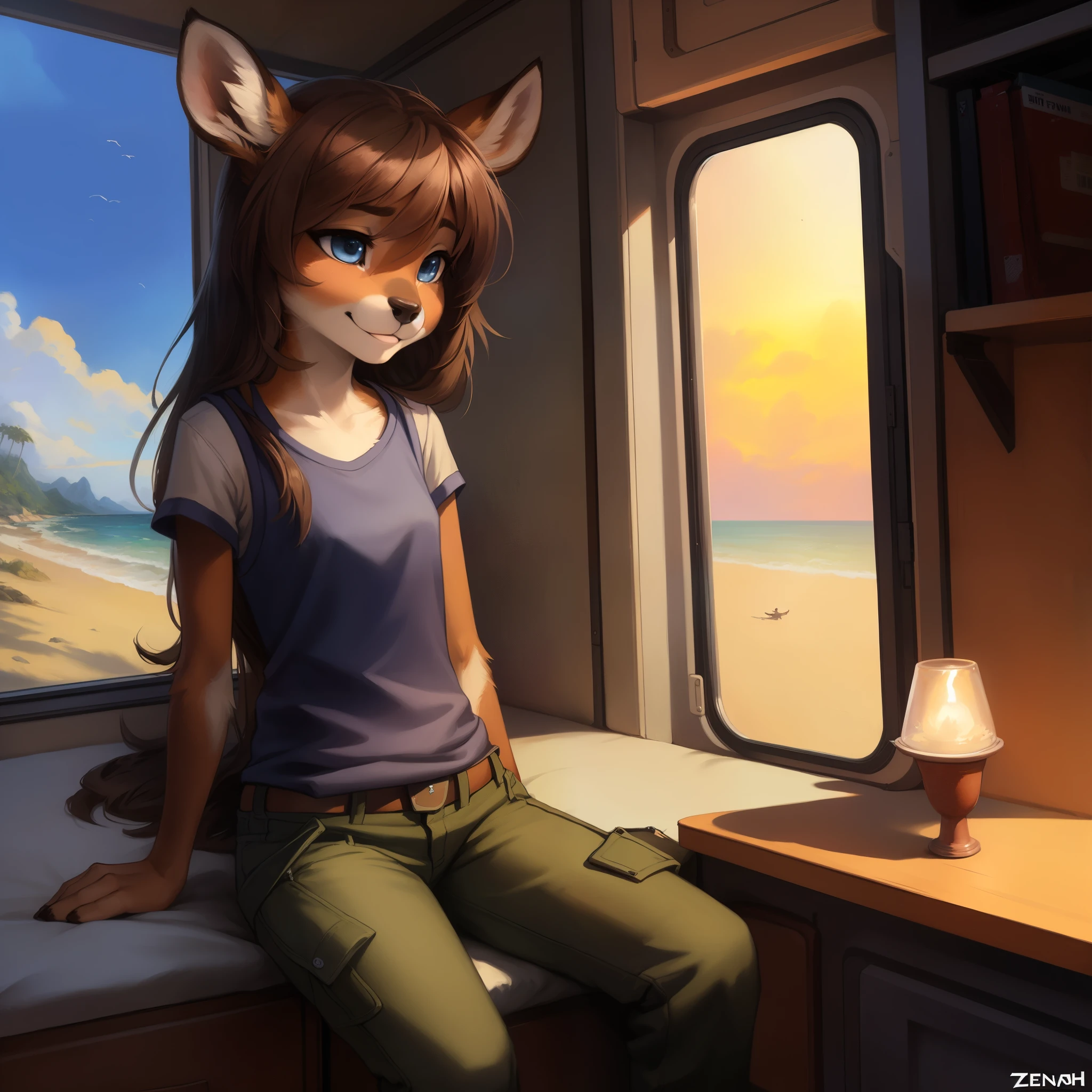 uploaded the e621, beautiful and detailed portrait of a (((female))) small very young solo teenage young anthro female deer doe with with small hips and a skinny body and ((clear navy blue eyes)), ( small legs and hips :1.5), small pelvis, Slim waist, no clothes, nude, blushing, pink nipples. detailed breasts, detailed vagina, sitting in a camper van next to a beach, long brown hair, kenket, Ross Tran,ruan jia, uploaded to e621, zaush, foxovh, zenematic lighting, deer,full body, day, beautiful, messy hair, brown hair, 1girl, solo, night, smiling shyly, detailed,hair covering eyes, black and brown hair, long hair floating in the wind, beautiful, (sublime: 1.0), (Extremely sensitive: 1.0),