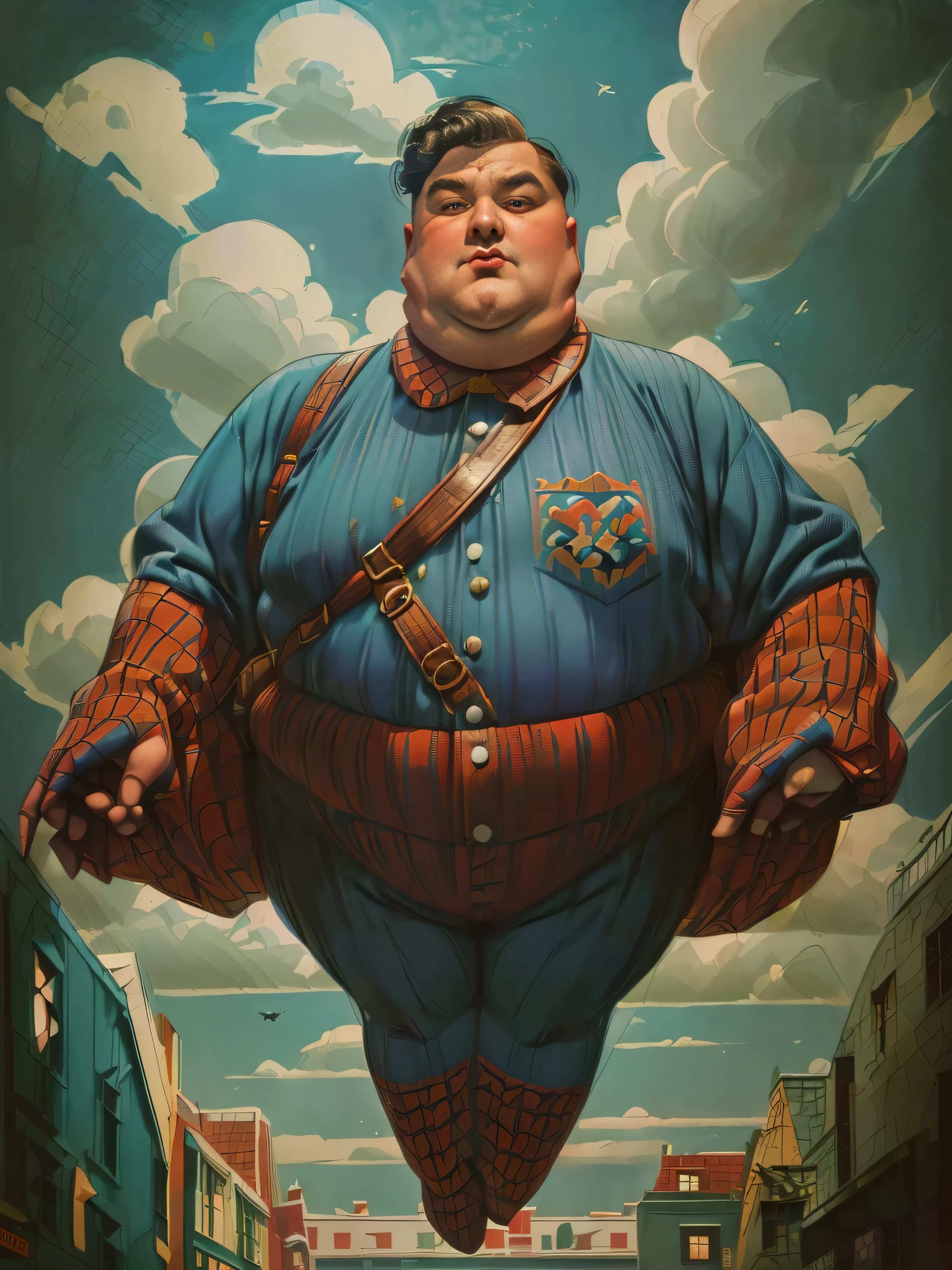 1930, massachusetts mountain village. Pre-raphaelite ((((80-year-old)) extremely fat, 800 pounds heavy Spiderman in his costume, flying in the clouds of New York ((((casual Clothing from the 1930s)))) ((Hairstyle of the 1930s)), ((Wes Anderson cinematic style)), colorful.
