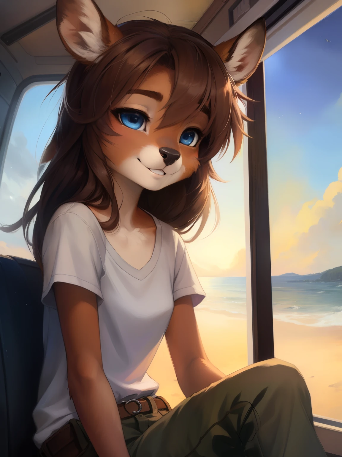 uploaded the e621, beautiful and detailed portrait of a (((female))) small very young solo age young anthro female deer doe with with small hips and a skinny body and ((clear navy blue eyes)), ( small legs and hips :1.5), small pelvis, Slim waist, no clothes, nude, blushing, pink nipples. detailed breasts, detailed vagina, sitting in a rv van next to a beach, legs spread, fingering vagina, long brown hair, kenket, Ross Tran,ruan jia, uploaded to e621, zaush, foxovh, zenematic lighting, deer,full body, day, beautiful, messy hair, brown hair, 1girl, solo, night, smiling shyly, detailed,hair covering eyes, black and brown hair, long hair floating in the wind, beautiful, (sublime: 1.0), (Extremely sensitive: 1.0),