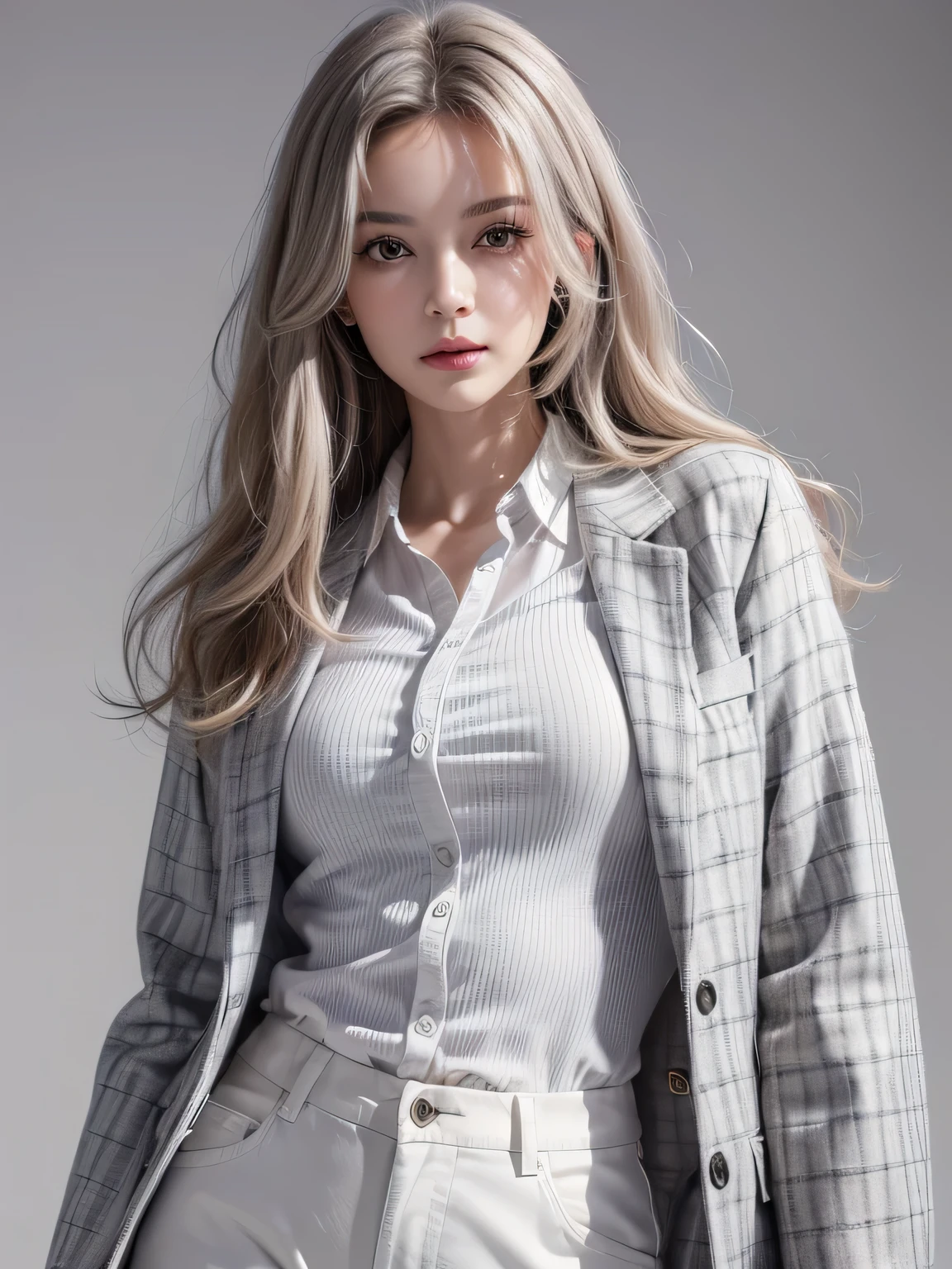 (highest quality, High resolution, masterpiece :1.3), beautiful adult woman, Long contour, ((pure white background)), (Plaid jacket, white shirt, Wide trousers in gray, have), (loose wavy gray bob hair), ((Accurately express details such as faces and skin textures)), take a pose,