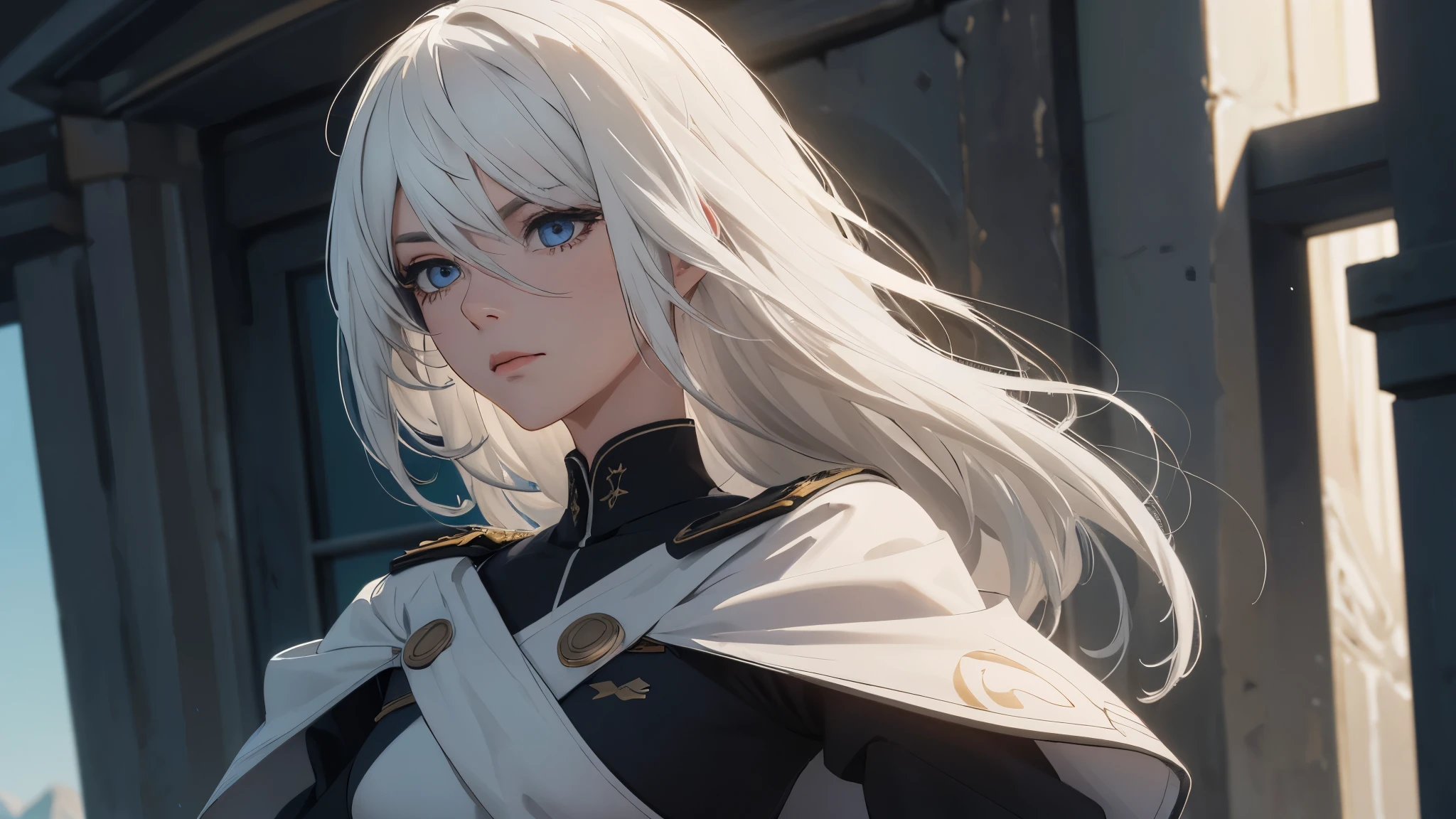 (extremely detailed CG unity 8k wallpaper), (masterpiece), (best quality), (ultra-detailed), (best illustration), (best shadow), (absurdres) ,(detailed eyes), 2b, 1girl, long hair, white hair, solo, Intimidating women, admiral uniform, night, hero pose, white clothes, General Uniform, Military Uniform, Sunlight, exposed to sunlight,commander, fighting pose, wearing cape