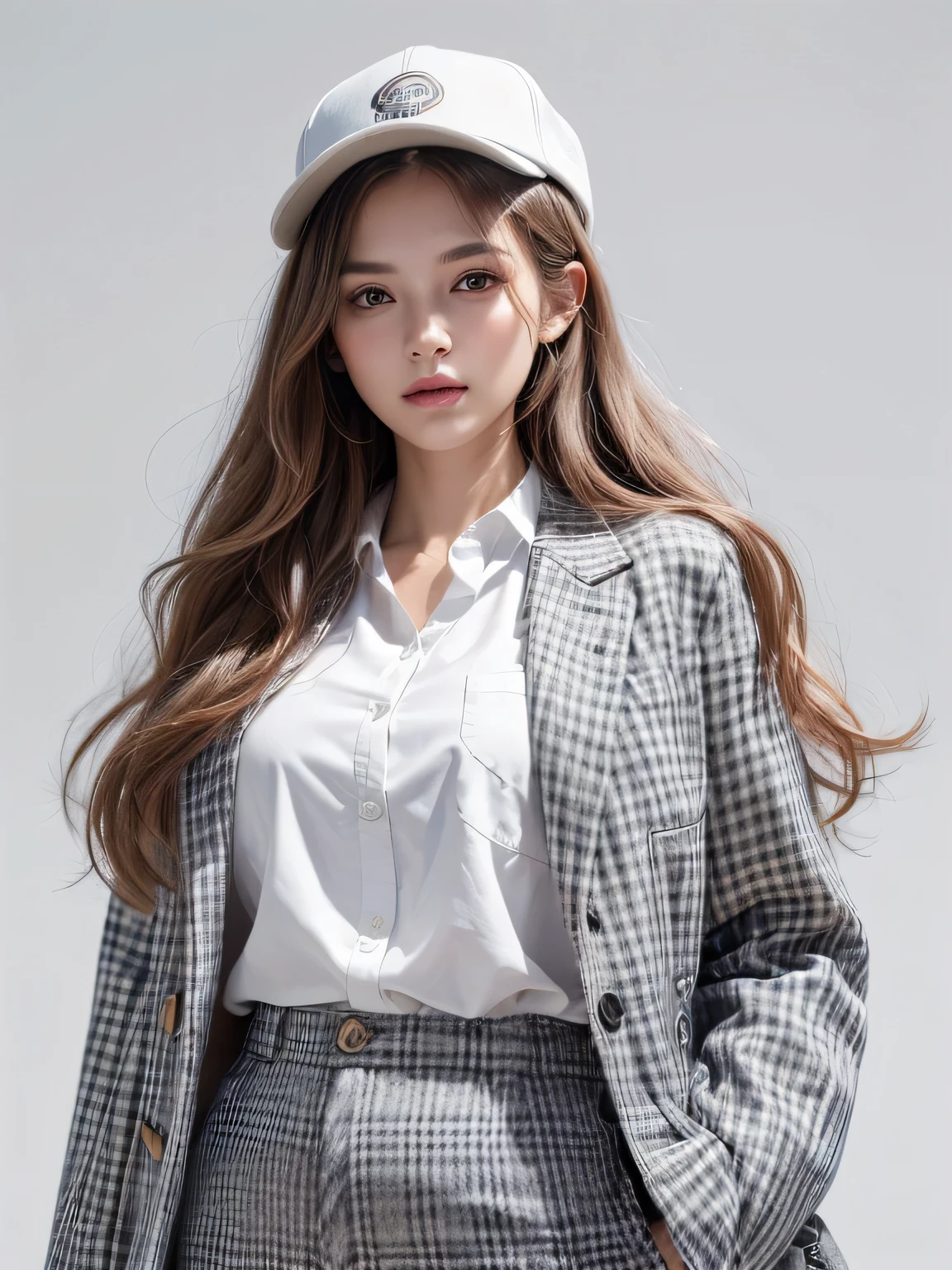 (highest quality, High resolution, masterpiece :1.3), beautiful adult woman, Long contour, ((pure white background)), (Plaid jacket, white shirt, Wide trousers in gray, have), (loose wavy bob hair), ((Accurately express details such as faces and skin textures)), take a pose,