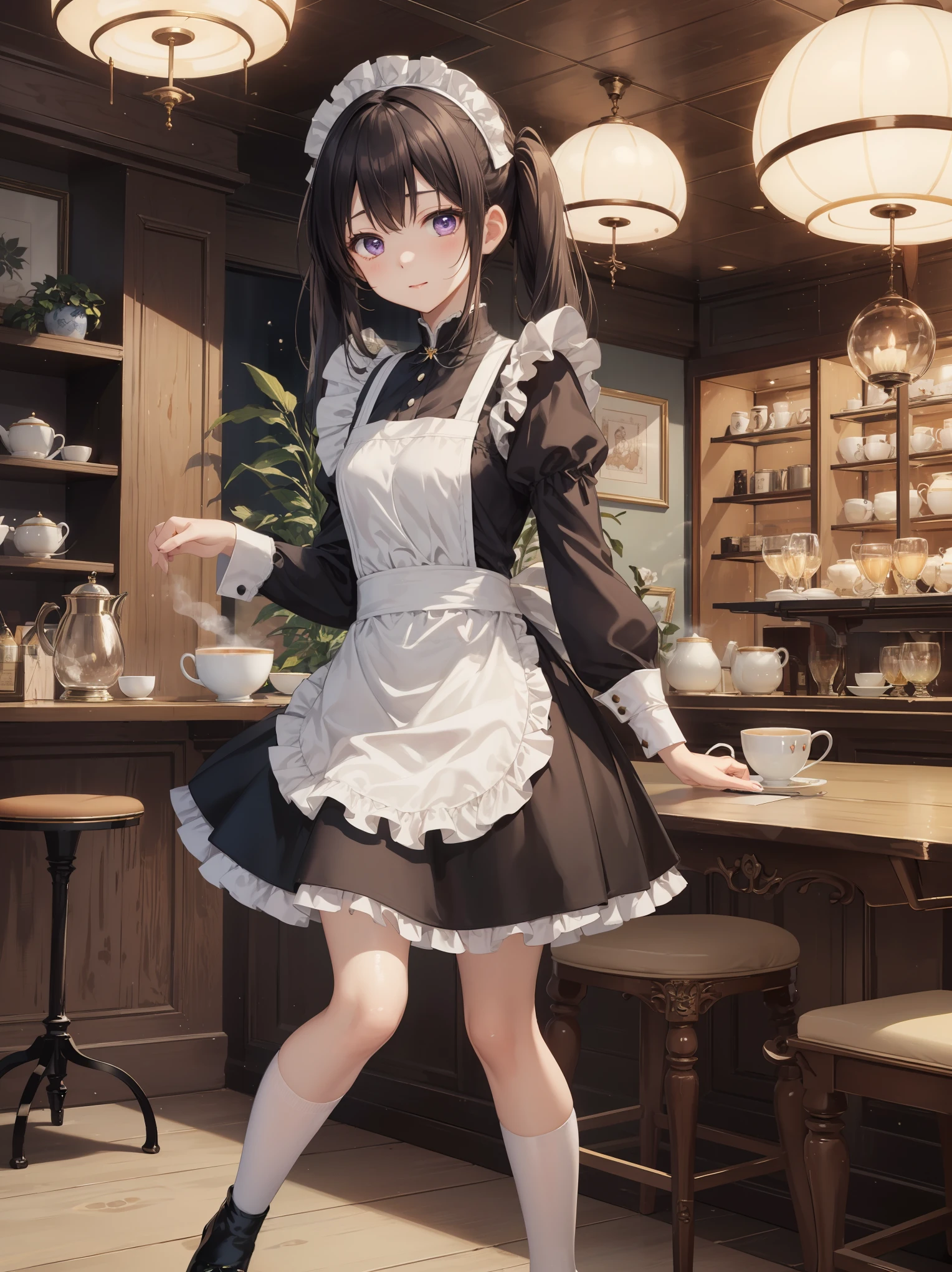 「In the middle of a bustling city、There is a quaint little café that looks like something out of a fairy tale。Its name is also「Maiden Enchantment」。It is famous for its unique theme of maid cafes..。Chandeliers suspended from the ceiling、Luxurious velvet chair、Wall decorated with intricate wallpaper, etc.、Victorian elegance blends modern chic。 In the middle of this enchanting environment is、It's Yuki, The protagonist.。『Maiden Enchantment』Although it is a maid of、More than just a maid。Jet-black hair tied into twin tails、Snow white apron over a navy blue dress、knee high socks、And she in polished black shoes、Embodies the perfect blend of elegance and charm。Her deep purple eyes are、Always shines with mischievous spirit and curiosity。 Yuki is not known only for her impeccable appearance。She is the heart and soul of the café。With a melodious voice like a nightingale、She often serenades classic ballads and modern hits to clientake your customer experience truly magical。She also、All your favorite dishes and、There is also a talent for learning coffee and tea preferences.。 however、What really sets Yuki apart is、It is her uncanny ability to know what someone needs。Be a kind word、attention、Or even fully brewed tea.、She always knows how to make someone's day better。 The sun goes down、When the fairy light in the café begins to shine、You can see Yuki writing her thoughts in her diary at her favorite place by the window。Some say that this is a collection of stories from her café, others、Some believe that it is a story of her own dreams and aspirations。 The overall image is、Everyday café life meets a bit of magic and wonder、It should capture the essence of Yuki's world。From the lace on Yuki's apron to the steam rising from her teacup、Carefully expressed every detail.、Beholder『Maiden Enchantment』It has become a masterpiece that will take you straight into the world。」、 Beautiful bare pubic hair ,more_Details:1.3, more_Details:1.8、(a blond:1.5)、Red Eyes、(((The left pupil is star-shap
