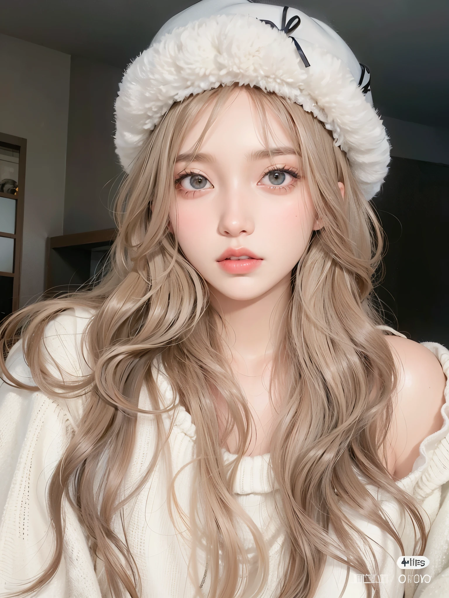 Arafed girl with long hair wearing a white hat and a sweater., ulzzang, pelo beige, long wavy light brown hair, Pelo suave, sakimichan, grayish ash blond hair, Retrato realista kawaii, pelo largo y rubio y ojos grandes, linda cara de anime natural, Cabello largo y ceniciento, ojos grandes y cabello largo y suelto, con el pelo largo y blanco