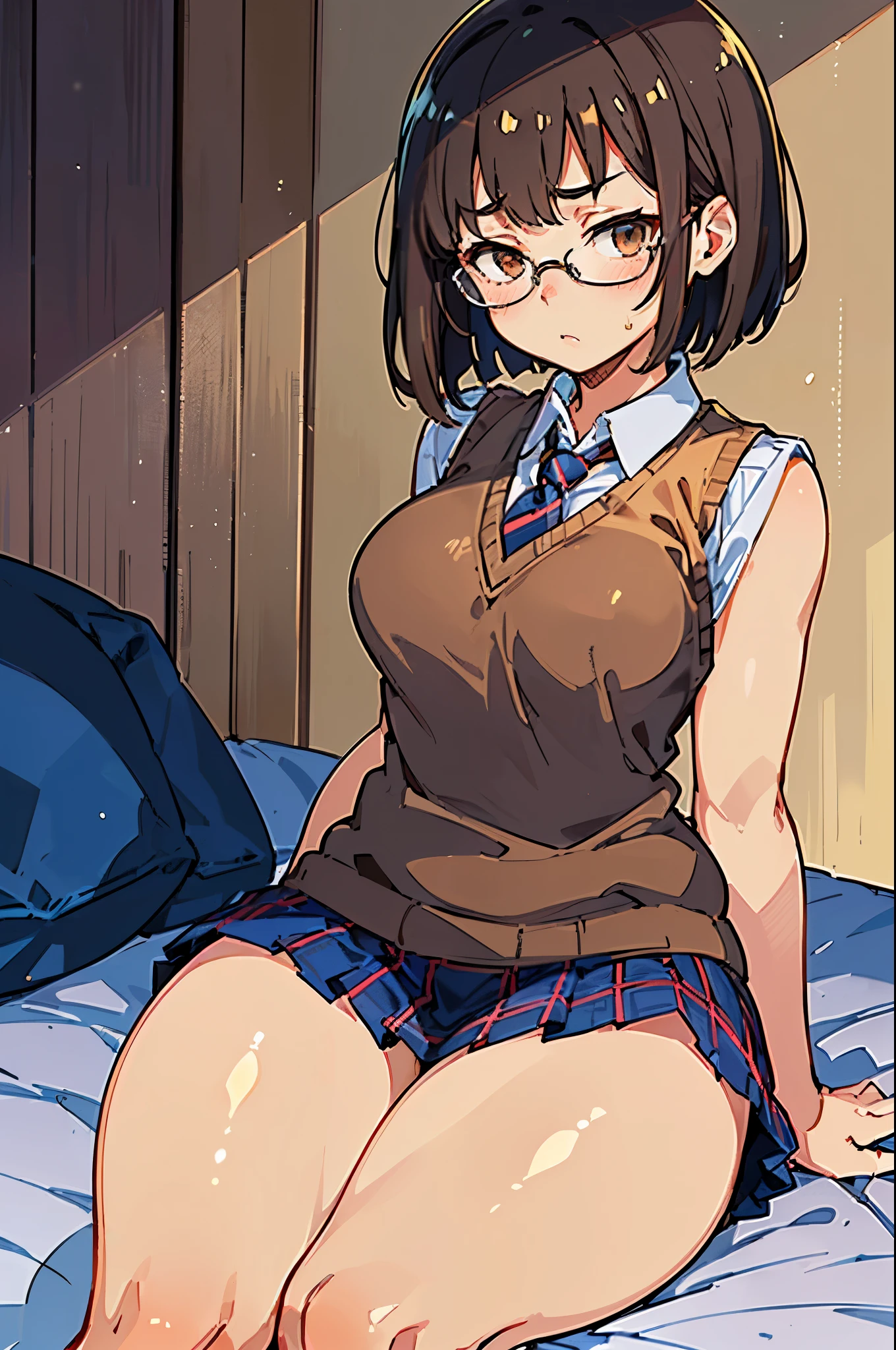(((master piece))),a very cute girl, yo stuedent, (troubled face, shy), black bob cut, glasses, (white collar shirt), ((light brown sweater vest, thighs close up, twilight)), (tie, navy blue plaid skirt), lying on back, bedroom, (((thick thighs, medium breasts))), (dynamic angle)