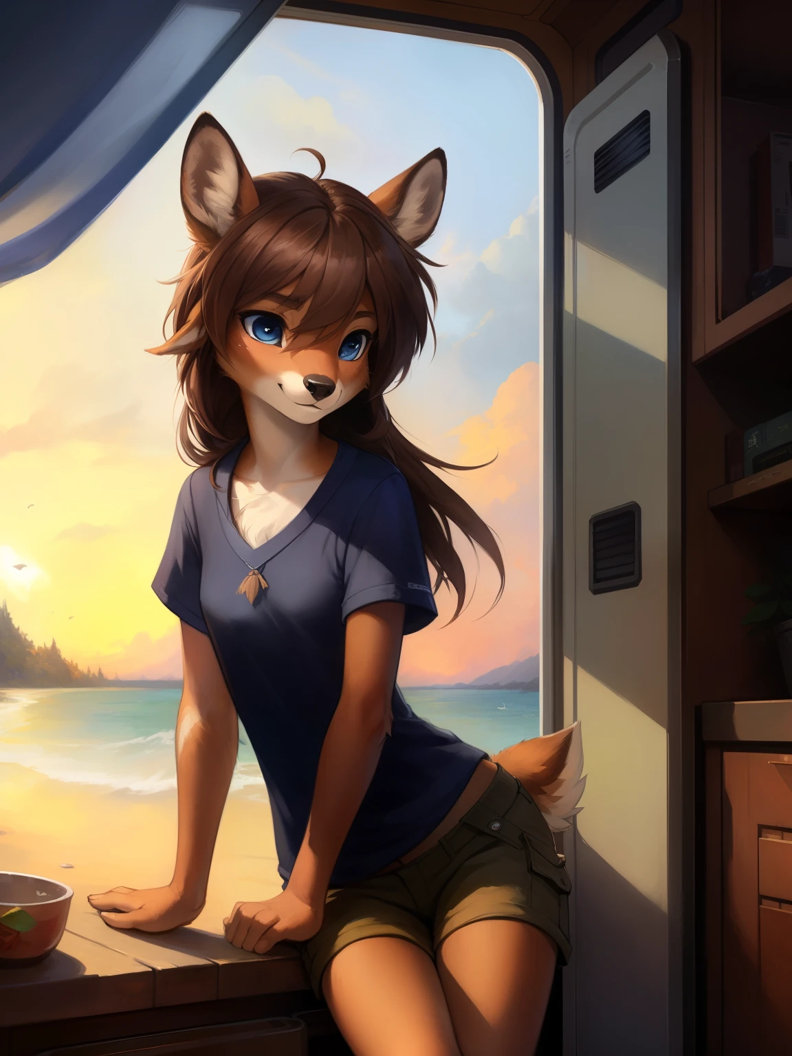 uploaded the e621, beautiful and detailed portrait of a (((female))) small very young solo teenage young anthro female deer doe with with small hips and a skinny body and ((clear navy blue eyes)), ( small legs and hips :1.5), small pelvis, Slim waist, wearing cargo pants and a shirt, sitting in a camper van next to a beach, long brown hair, kenket, Ross Tran,ruan jia, uploaded to e621, zaush, foxovh, zenematic lighting, deer,full body, day, beautiful, messy hair, brown hair, 1girl, solo, night, smiling shyly, detailed,hair covering eyes, black and brown hair, long hair floating in the wind, beautiful, (sublime: 1.0), (Extremely sensitive: 1.0),
