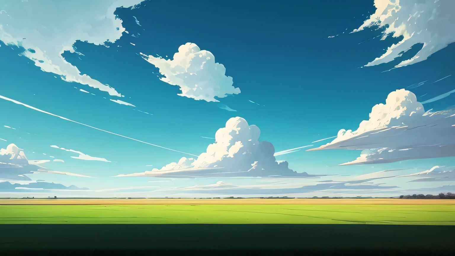 grass ground, flat plains, blue skies, day time, far away