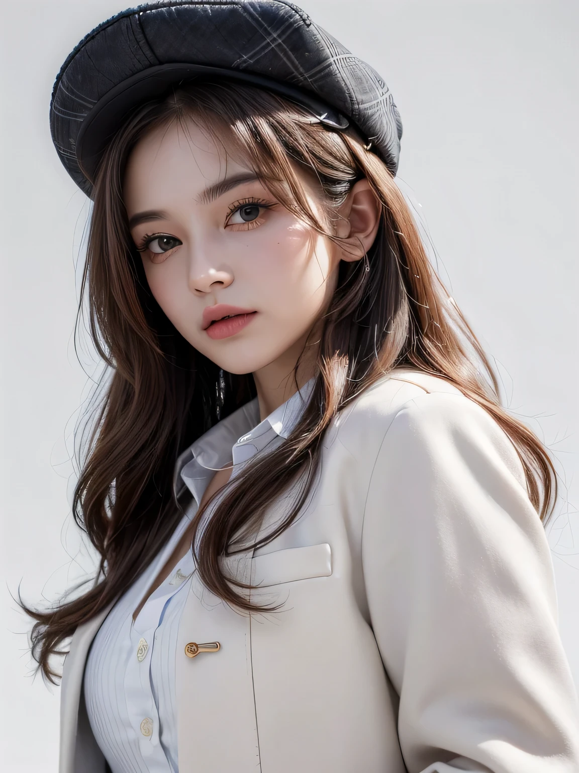 (highest quality, High resolution, masterpiece :1.3), beautiful adult woman, Long contour, ((pure white background)), (Plaid jacket, shirt, wide pants, have), (loose wavy bob hair), ((Accurately express details such as faces and skin textures)), take a pose,