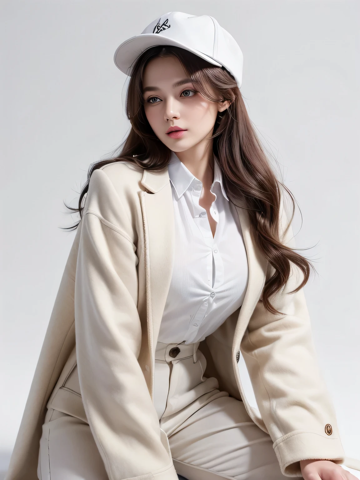 (highest quality, High resolution, masterpiece :1.3), beautiful adult woman, Long contour, ((pure white background)), (Plaid coat, shirt, wide pants, have), (loose wavy bob hair), ((Accurately express details such as faces and skin textures)), take a pose,