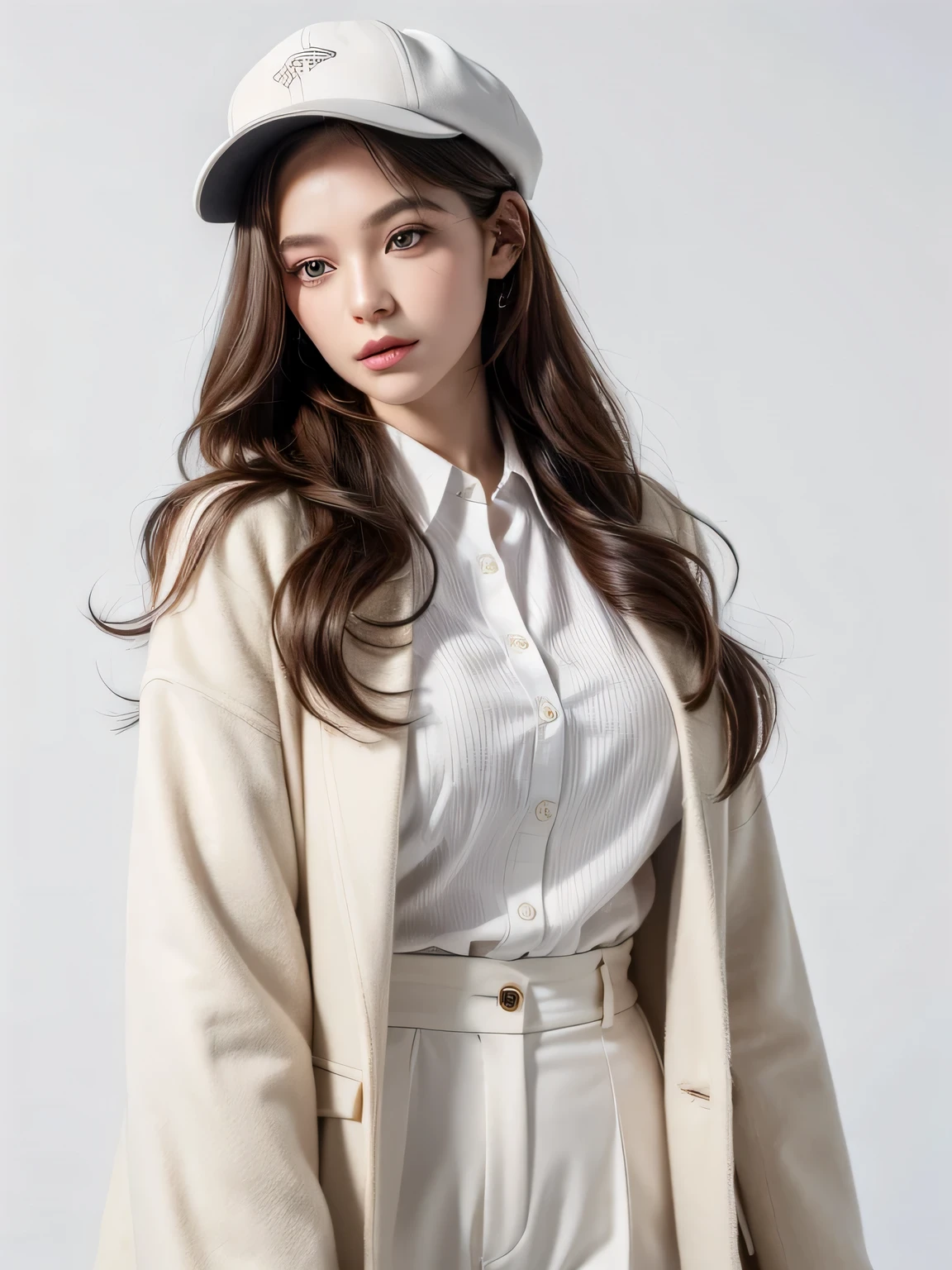 (highest quality, High resolution, masterpiece :1.3), beautiful adult woman, Long contour, ((pure white background)), (Plaid coat, shirt, wide pants, have), (loose wavy bob hair), ((Accurately express details such as faces and skin textures)), take a pose,