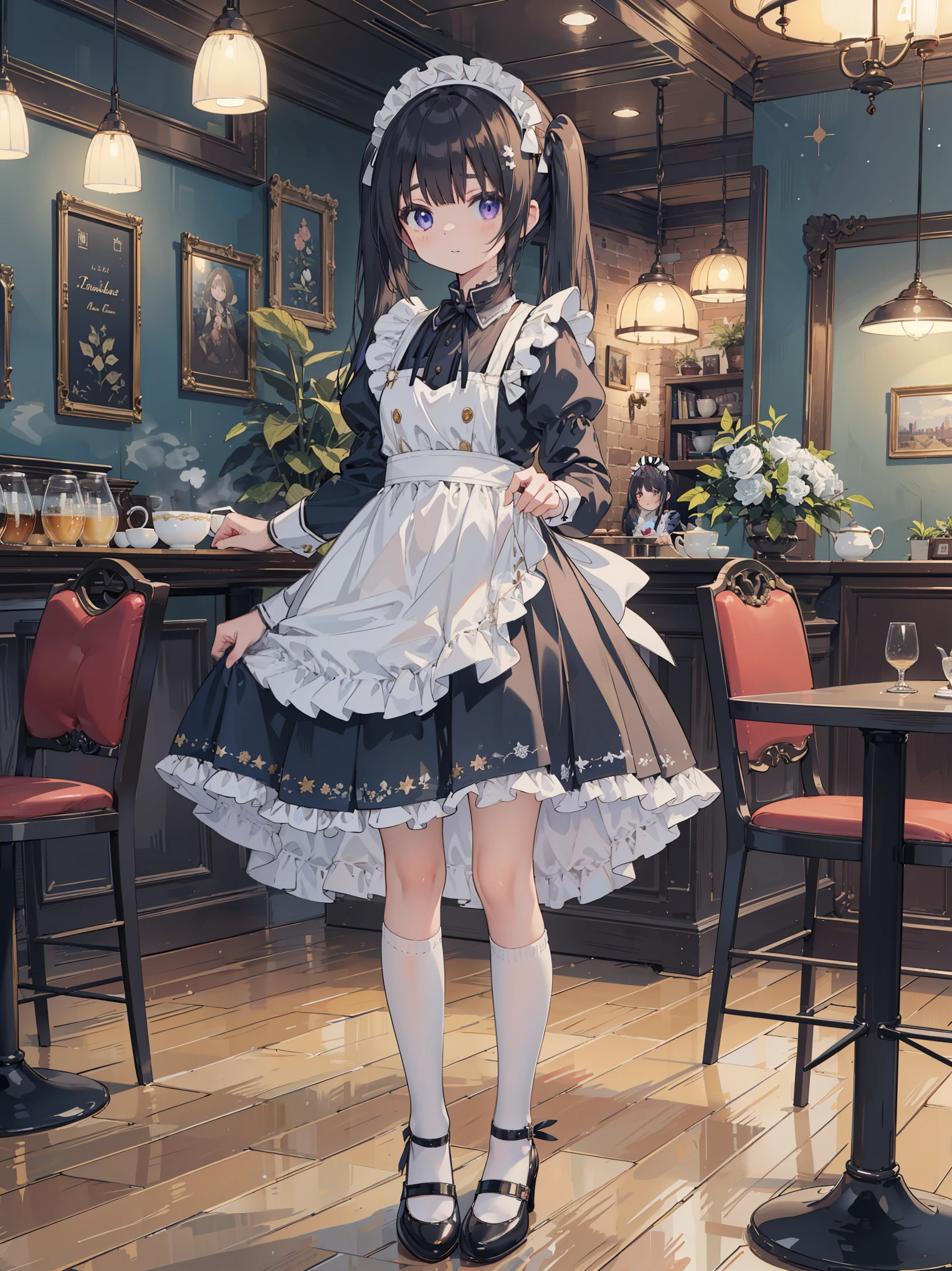 「In the middle of a bustling city、There is a quaint little café that looks like something out of a fairy tale。Its name is also「Maiden Enchantment」。It is famous for its unique theme of maid cafes..。Chandeliers suspended from the ceiling、Luxurious velvet chair、Wall decorated with intricate wallpaper, etc.、Victorian elegance blends modern chic。 In the middle of this enchanting environment is、It's Yuki, The protagonist.。『Maiden Enchantment』Although it is a maid of、More than just a maid。Jet-black hair tied into twin tails、Snow white apron over a navy blue dress、knee high socks、And she in polished black shoes、Embodies the perfect blend of elegance and charm。Her deep purple eyes are、Always shines with mischievous spirit and curiosity。 Yuki is not known only for her impeccable appearance。She is the heart and soul of the café。With a melodious voice like a nightingale、She often serenades classic ballads and modern hits to clientake your customer experience truly magical。She also、All your favorite dishes and、There is also a talent for learning coffee and tea preferences.。 however、What really sets Yuki apart is、It is her uncanny ability to know what someone needs。Be a kind word、attention、Or even fully brewed tea.、She always knows how to make someone's day better。 The sun goes down、When the fairy light in the café begins to shine、You can see Yuki writing her thoughts in her diary at her favorite place by the window。Some say that this is a collection of stories from her café, others、Some believe that it is a story of her own dreams and aspirations。 The overall image is、Everyday café life meets a bit of magic and wonder、It should capture the essence of Yuki's world。From the lace on Yuki's apron to the steam rising from her teacup、Carefully expressed every detail.、Beholder『Maiden Enchantment』It has become a masterpiece that will take you straight into the world。」、 Beautiful bare pubic hair ,more_Details:1.3, more_Details:1.8、(a blond:1.5)、Red Eyes、(((The left pupil is star-shap