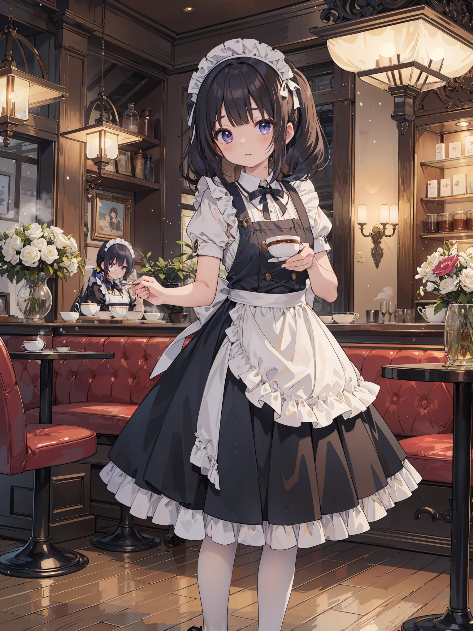 「In the middle of a bustling city、There is a quaint little café that looks like something out of a fairy tale。Its name is also「Maiden Enchantment」。It is famous for its unique theme of maid cafes..。Chandeliers suspended from the ceiling、Luxurious velvet chair、Wall decorated with intricate wallpaper, etc.、Victorian elegance blends modern chic。 In the middle of this enchanting environment is、It's Yuki, The protagonist.。『Maiden Enchantment』Although it is a maid of、More than just a maid。Jet-black hair tied into twin tails、Snow white apron over a navy blue dress、knee high socks、And she in polished black shoes、Embodies the perfect blend of elegance and charm。Her deep purple eyes are、Always shines with mischievous spirit and curiosity。 Yuki is not known only for her impeccable appearance。She is the heart and soul of the café。With a melodious voice like a nightingale、She often serenades classic ballads and modern hits to clientake your customer experience truly magical。She also、All your favorite dishes and、There is also a talent for learning coffee and tea preferences.。 however、What really sets Yuki apart is、It is her uncanny ability to know what someone needs。Be a kind word、attention、Or even fully brewed tea.、She always knows how to make someone's day better。 The sun goes down、When the fairy light in the café begins to shine、You can see Yuki writing her thoughts in her diary at her favorite place by the window。Some say that this is a collection of stories from her café, others、Some believe that it is a story of her own dreams and aspirations。 The overall image is、Everyday café life meets a bit of magic and wonder、It should capture the essence of Yuki's world。From the lace on Yuki's apron to the steam rising from her teacup、Carefully expressed every detail.、Beholder『Maiden Enchantment』It has become a masterpiece that will take you straight into the world。」、 Beautiful bare pubic hair ,more_Details:1.3, more_Details:1.8、(a blond:1.5)、Red Eyes、(((The left pupil is star-shap