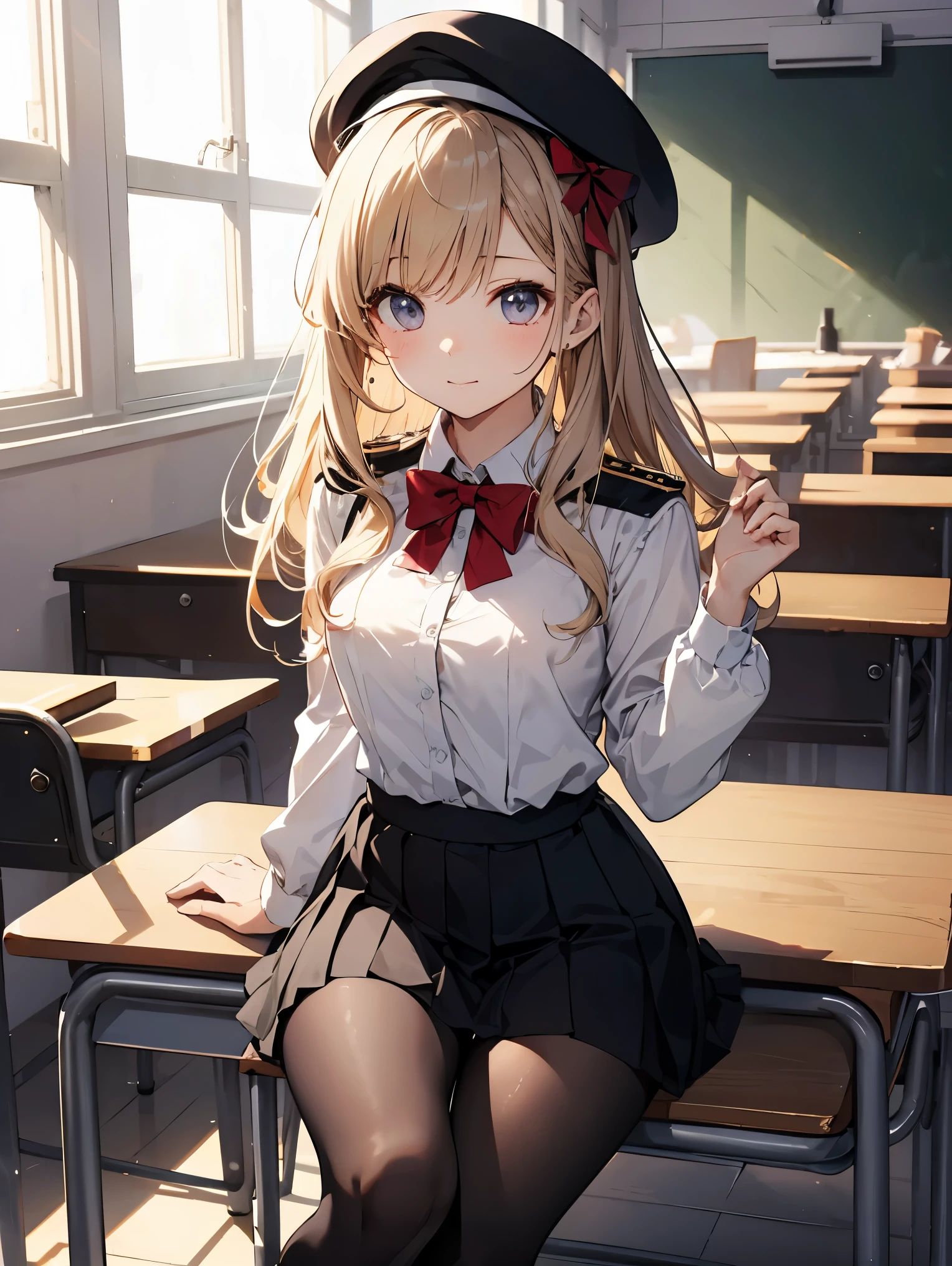細部に至るまinの傑作、highest quality、realistic、1 girl、solo、18-year-old、Looks about 5 years old、140cm beautiful girl、、5 year old baby face、Silky hair、Gradient bob in the forward、金hairと茶色のメッシュ、big vertical eyes、Outstanding looks、cute 、proximity、closed_mouth、laughter、blush、恥ずかしさinいっぱい、beret、red bow tie、Branded uniforms、 青いblazer、blazer、pleated skirt、gray skirt、silk blouse、white blouse、feet、black tights、sit on top、classroom、hair_ornament、looking for_in_viewer、beiniful detailed eyes、realistic目、tights on、Not clear、professional effects、Not clear、enhanced elegance、Really ridiculous cuteness、cute、bold action
