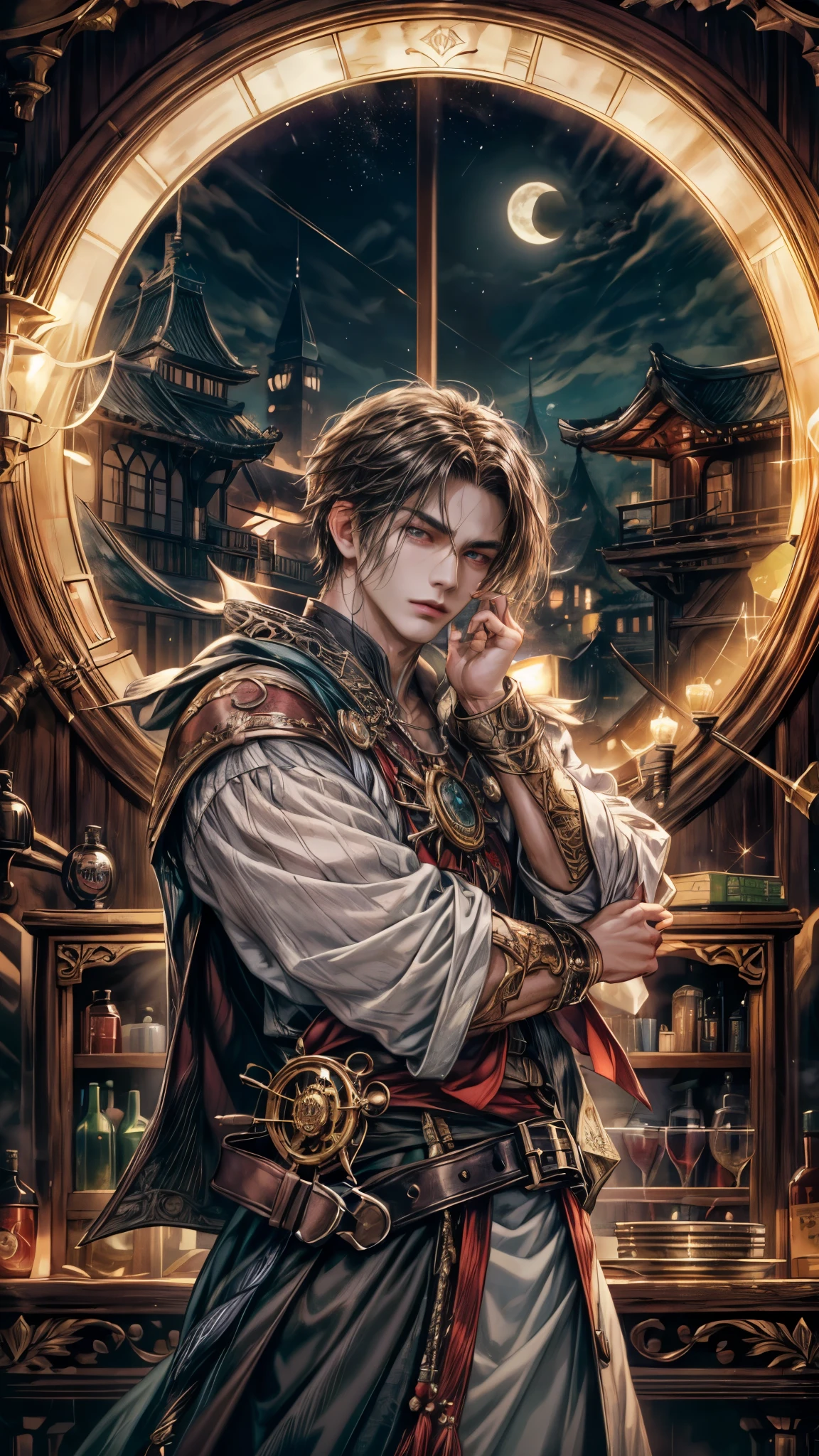 (absurdres, highres, ultra detailed, HDR), masterpiece, intricate, best quality, portrait of a handsome villain from Final Fantasy IX, original hair, short hair, korean face, anime eyes, mage outfit , wearing detailed circlet, detailed interiors of a clockwork shop, night time showing big moon in the windows , detailed character
