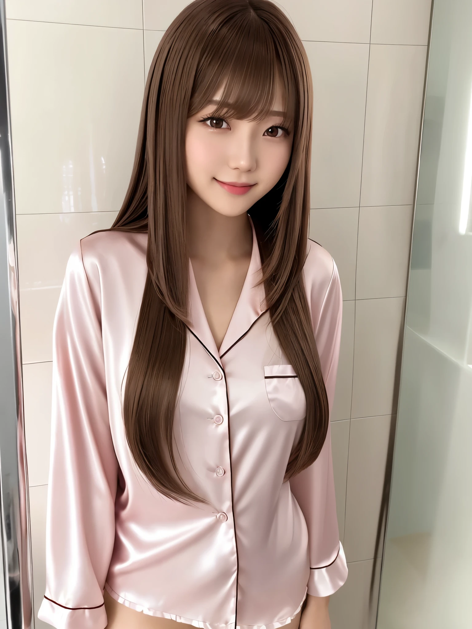 product quality, 1 girl per 1 photo, upper body shot, front view, a Japanese young pretty girl, long bob hair, standing with a big smile in shower room in the night, light pink collared shiny satin pajama tops, white panties, hyper cute face, glossy lips, double eyelids for both eyes, natural makeup, shiny smooth light brown hair of long bob hair, asymmetrical bangs, high resolution, high detail, detailed hairstyle, detailed face, cinematic lighting, octane rendering, hyper realistic, perfect limbs, perfect anatomy