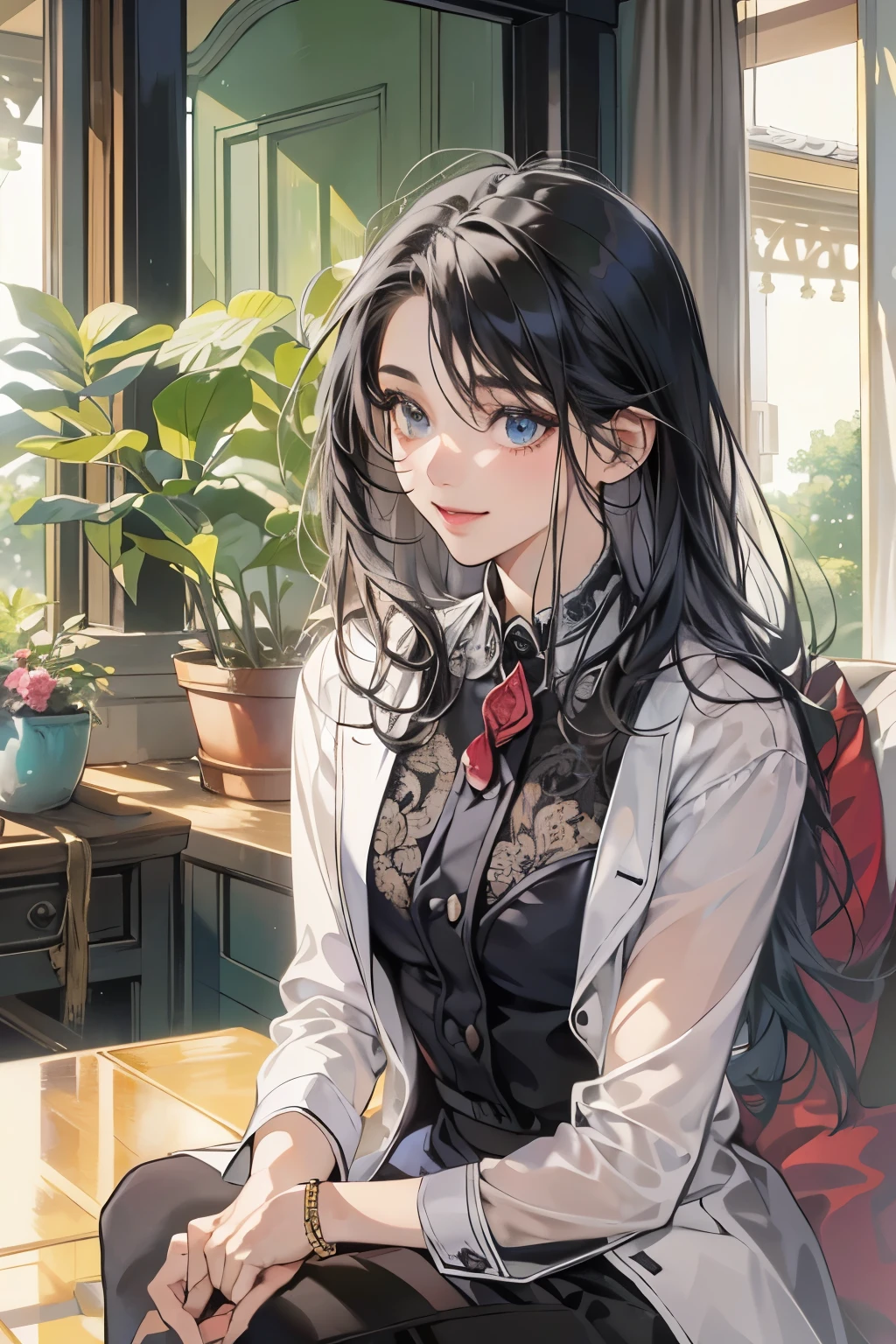 (table top, digital art, digital illustration, 4k, 8k, Super detailed, beautiful images, clear image, realistic, RAW photo, perfect face, perfect lines, perfect eyes, soft lighting) ,1 female, (long black hair,straight hair,bullish look,Beautiful woman,grace,Make up well,23 year old female,small breasts:1.3),Two handsome men in suits, (human,muscular,solid shoulder width, human,boyish hairstyle,English gentleman;Style,A man in his 30s with a cool expression,28歳男性 with bright smile:1.2),白い歯を見せてsmile(embarrassing,smile:1.1),garden full of light、resort sofa、colorful flowers、smile,カップルkiss、kiss、romance、romanceポルノ、Afternoon tea