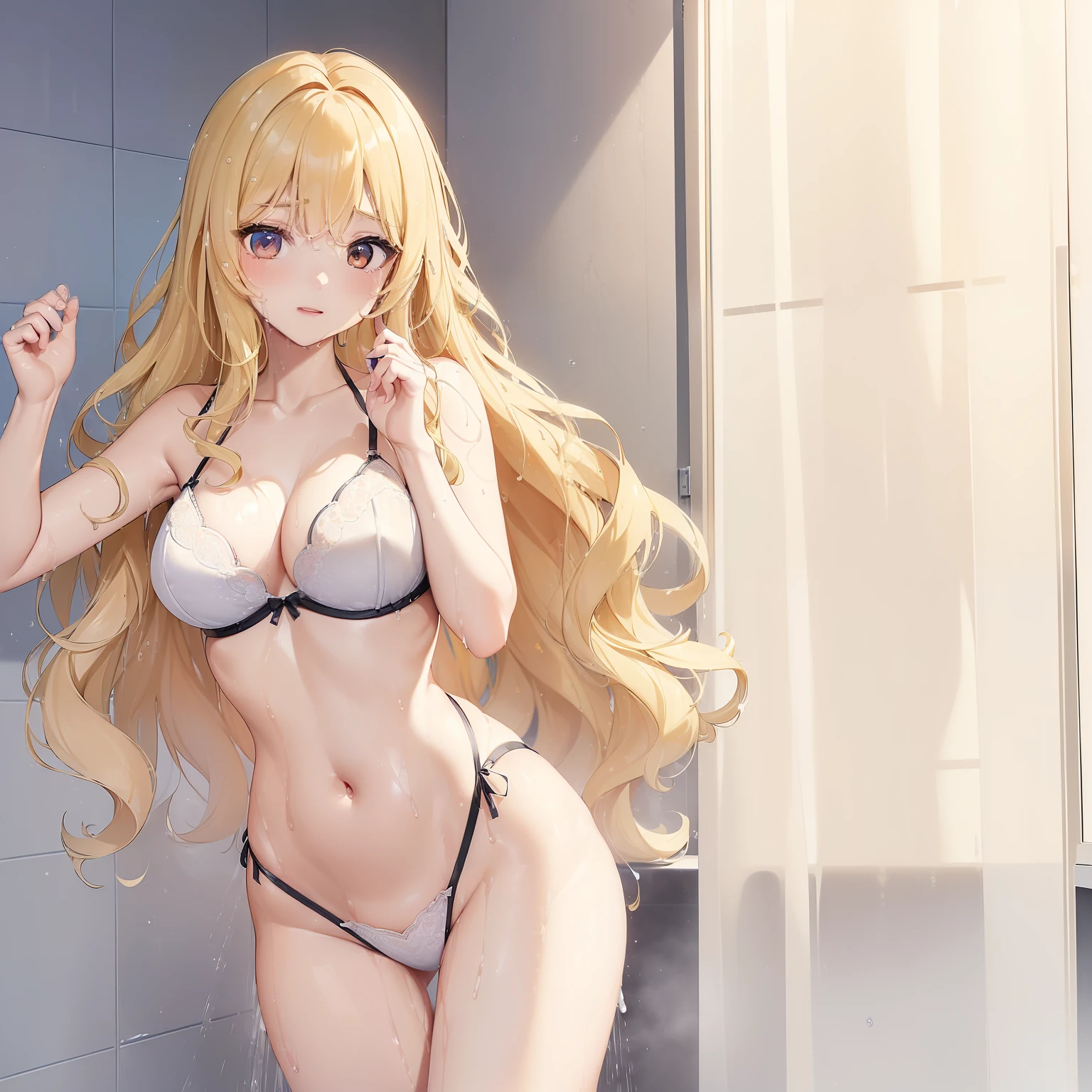((top-quality、16k、masterpiece:1.3))、Beautiful woman with perfect body shape:1.4、Slender Abs:1.2、((Long wavy blonde hair))、((:1.4))、((KPOP Idol:1.3))、((Shower water))、((Lingerie 1.5))、((bathroom))、Highly detailed facial and skin texture、((the pose))、((charming))、((spread legswide))、((Drenched body))