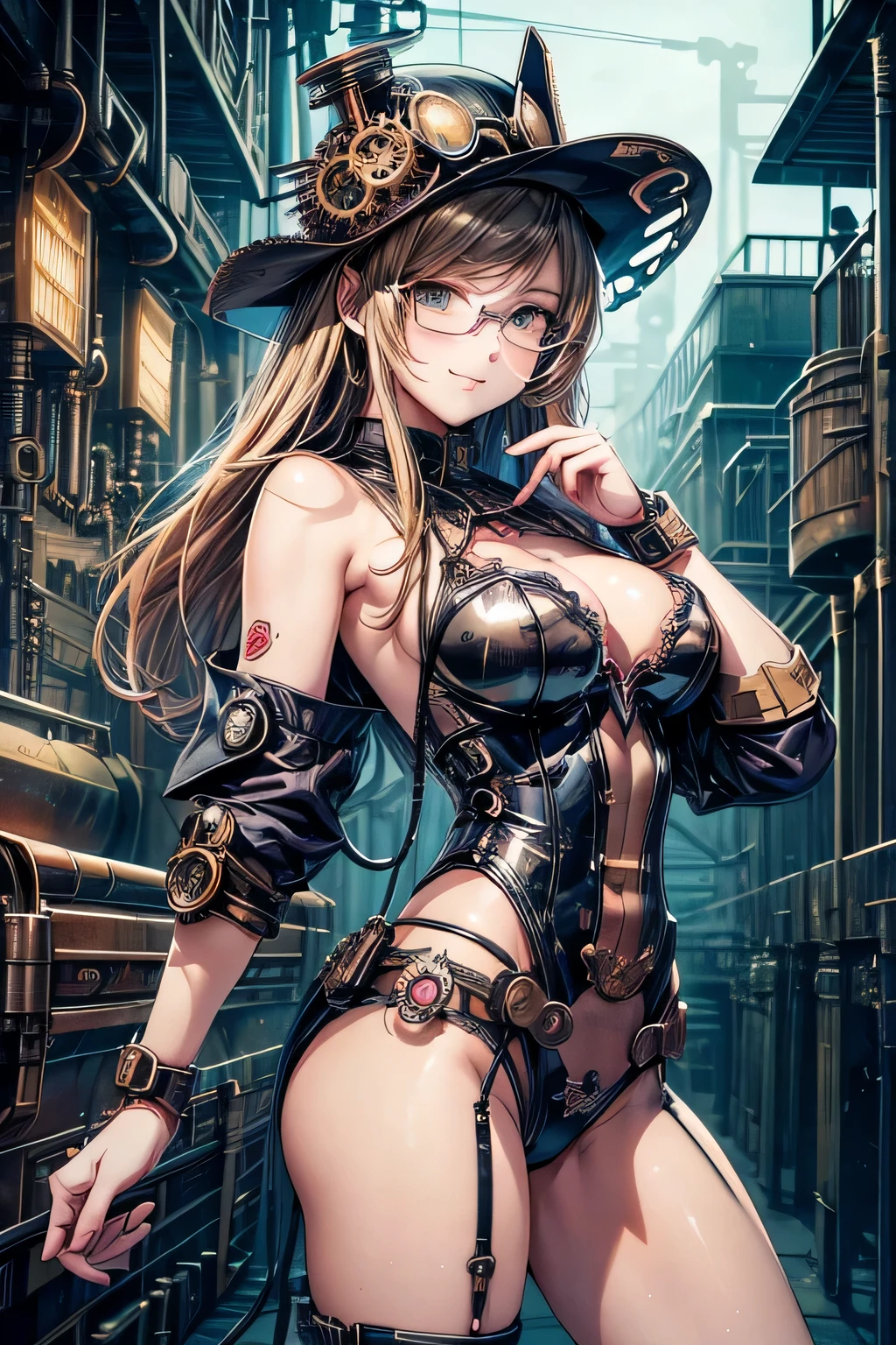 (comic book style),(line drawing_anime),(cowboy shot, highest quality, ),(Laura Budd Photo:1.2),(Laura Add Details:1.0),8k, flat color:0.8,1 girl,smile、(Highly decorative and complex mechanical steampunk fashion, lace flare dolphin hat、goggles 1.5、machinery background、Gear background、complex mechanized steampunk factory、1.5),