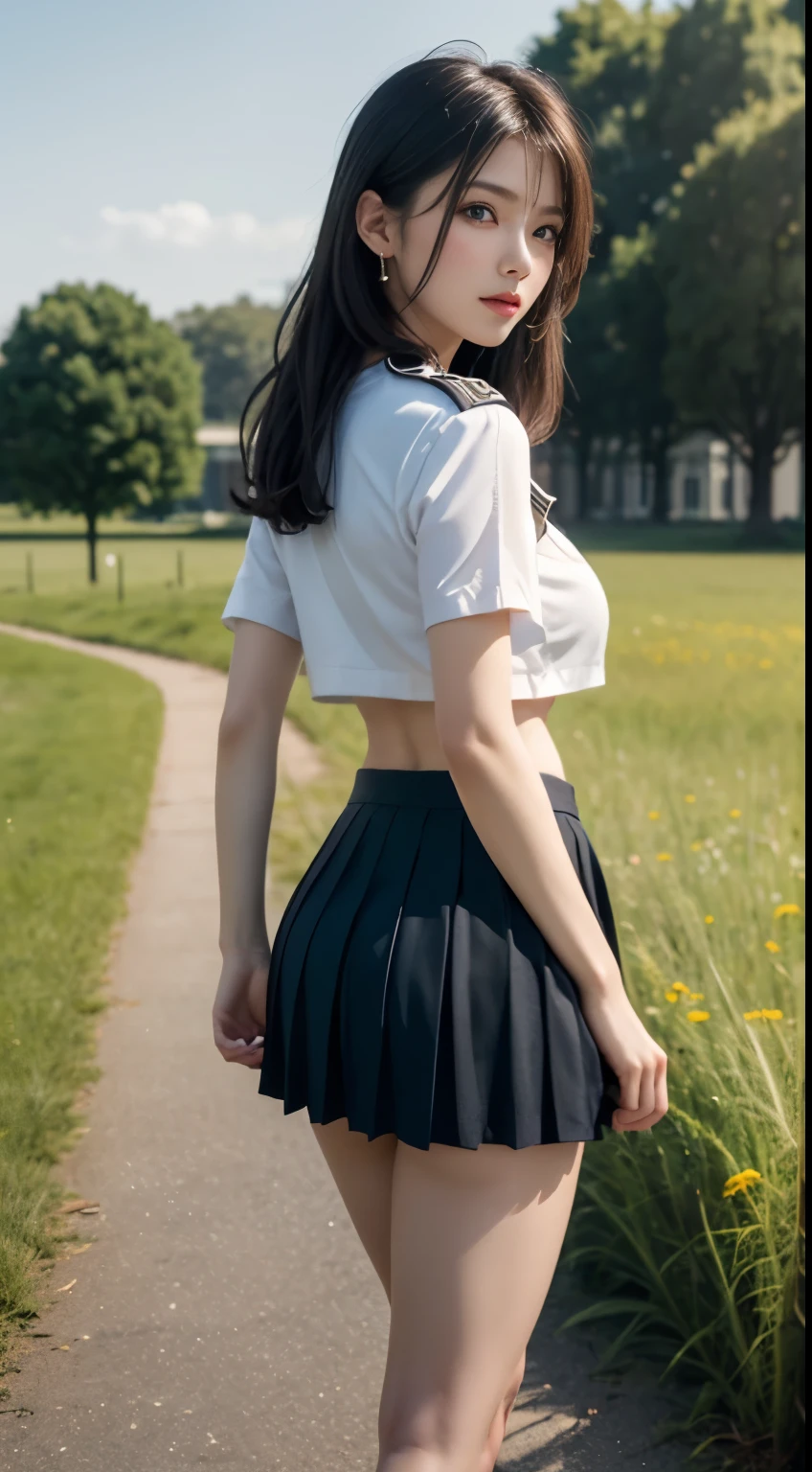 (highest quality:1.4), (hyper quality), (Super detailedな), 1 beautiful girl, (group of female high school students:1.3), Super cute, wonderful face and eyes, (Short-sleeved sailor suit made of thin white fabric), Black pleated micro mini skirt with low rise:1.1, (black pleated mini skirt:1.5), (Beautiful and incredibly big breasts:1.3), (The shape of the nipple protrusions through the uniform:1.4), (uniform is not exposed:1.2), (The fabric of the uniform is thin and the shape of her chest is clearly visible.:1.3), Realistic uniform wrinkles, (red scarf:1.1), (underboob:1.1), (Massaging her breasts over her uniform:1.2), (slender body:1.1), (slender and long beautiful legs), (thin waist), real skin texture, crystal clear very white skin, (bangs:1.2), earrings, light makeup, (Don't look at me, look ahead), beautiful goddess advent, beautiful background, golden ratio, conceptual art, Super detailed, Accurate, advanced details, (walk along a path surrounded by fields:1.2), My chest sways, Super close, sexy art, (Under the summer sun), bright light, Super delicate illustration details, Highly detailed CG integrated 8k wallpaper, RAW photo, professional photos, cinematic lighting, Depth of the bounds written, No bra, (The nipple protrusions push up the uniform:1.2), cropped tops, High heels on bare feet, (back view, stick out your butt)