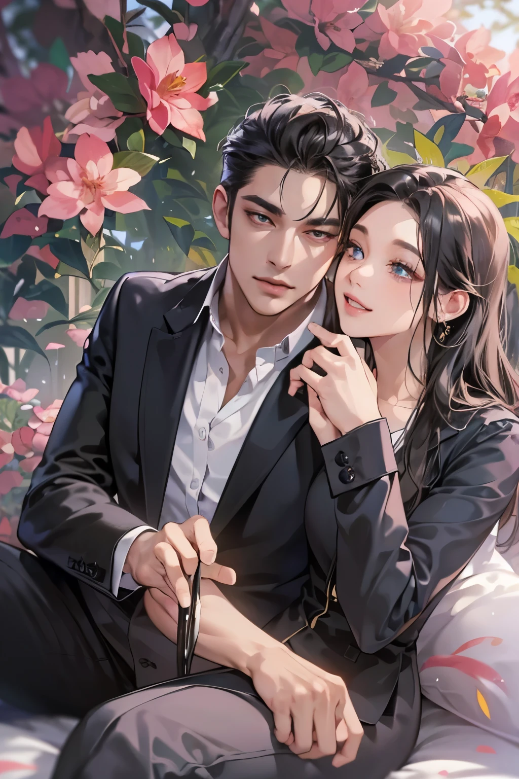 (table top, digital art, digital illustration, 4k, 8k, Super detailed, beautiful images, clear image, realistic, RAW photo, perfect face, perfect lines, perfect eyes, soft lighting) ,1 female, (long black hair,straight hair,bullish look,Beautiful woman,grace,Make up well,23 year old female,small breasts:1.3),Two handsome men in suits, (human,muscular,solid shoulder width, human,boyish hairstyle,English gentleman'Style,A man in his 30s with a cool expression,28-year-old man with bright smile:1.2),白い歯を見せてsmile(embarrassing,shy smile:1.1),garden full of light、resort sofa、colorful flowers、smile,couple、coupleキス、romance porn