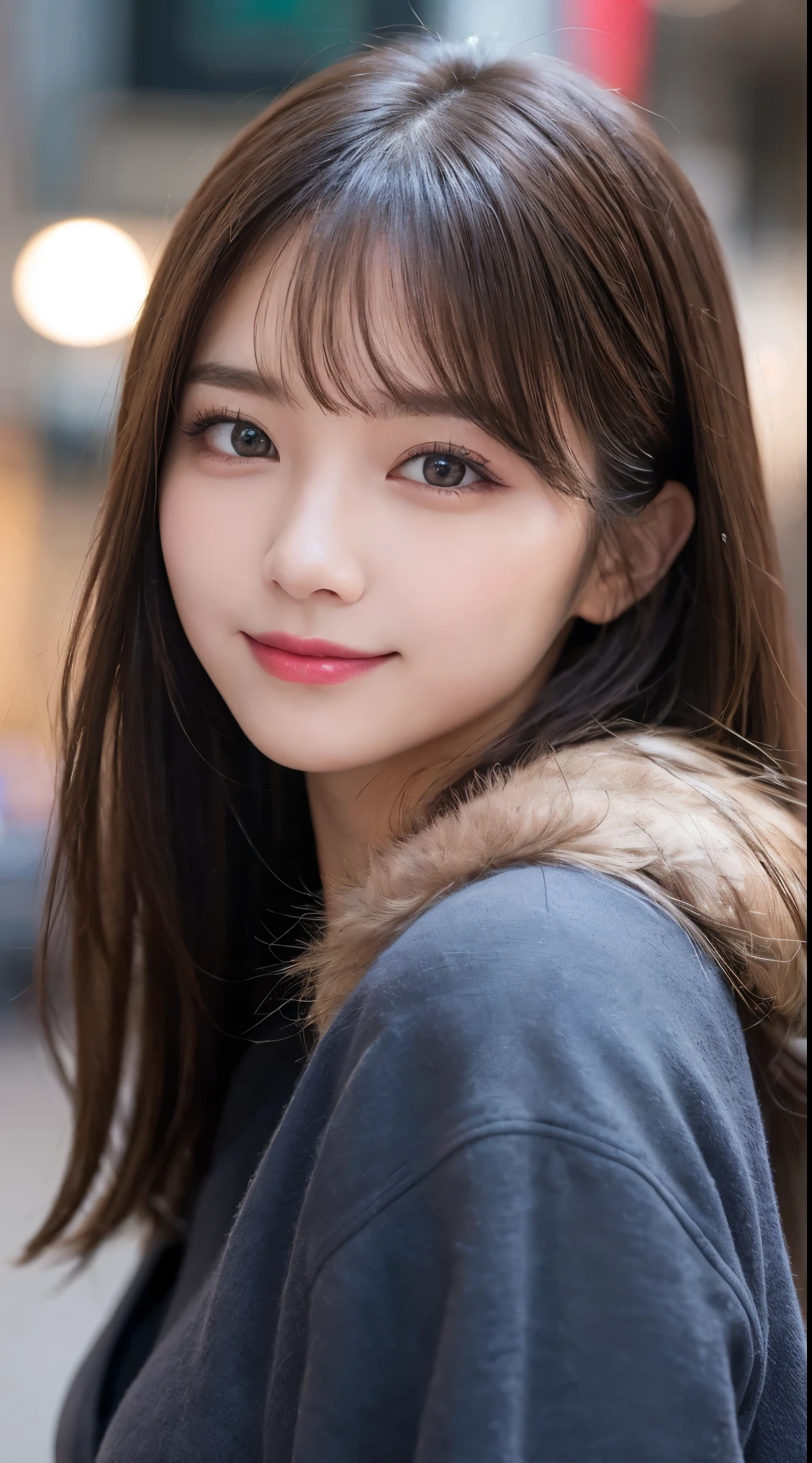 table top, highest quality, shape, Super detailed, finely, High resolution, 8k wallpaper, 完璧なダイナミックな構shape, beautiful and detailed eyes, Gorgeous winter fashion using fur,straight hair,small breasts、natural color lip,20 year old girl、cute、sexy looking at camera,beautiful and detailed face,perfect and beautiful face,KPOP idol face,Japanese idol faces,Elegant face,RAW photo,Big eyes,gal makeup,blur the background、smile、Take a close-up photo of your face