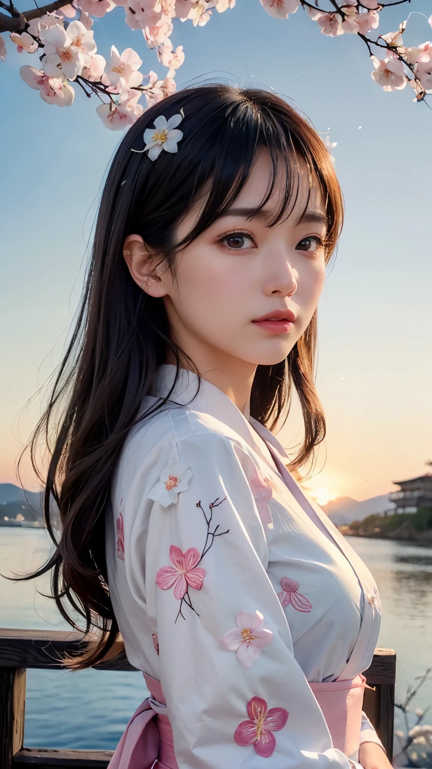 (logo、masterpiece、8k、table top、RAW photo、wonderful、最high quality、Photorealistic and hvery detailed CG integrated 8k wallpaper、high quality、very detailed、narrative poem、particle effects、dynamic effects、Depth of the bounds written、cinematic light、Lens flare、ray tracing)、fantasy、 (1 beautiful woman、white kimono、Japan Dresses、white cherry blossom pattern、White cherry blossom embroidery pattern、black haired、beautiful face、real face、beautiful details eyes beautiful skin)、Hair flutters in Wind、hair bounces、pink cherry tree、petals dance、SakuraFubuki、Spectacular view、sunrise、sun on background、Wind、god々、tooth、god話、vast land、