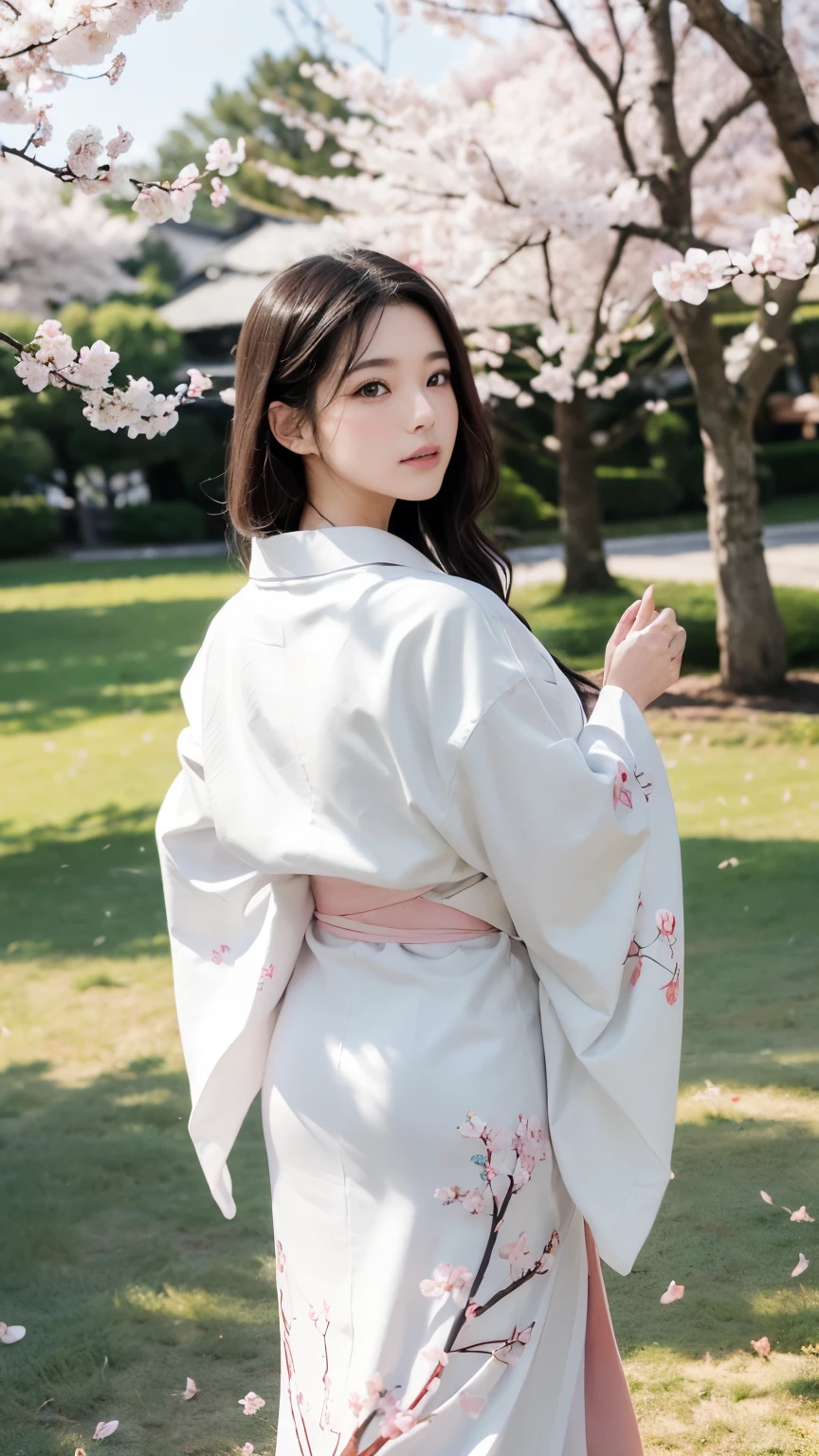 (logo、masterpiece、8k、table top、RAW photo、wonderful、最high quality、Photorealistic and hvery detailed CG integrated 8k wallpaper、high quality、very detailed、narrative poem、particle effects、dynamic effects、Depth of the bounds written、cinematic light、Lens flare、ray tracing)、fantasy、 (1 beautiful woman、white kimono、Japan Dresses、white cherry blossom pattern、White cherry blossom embroidery pattern、black haired、beautiful face、real face、beautiful details eyes beautiful skin)、Hair flutters in Wind、hair bounces、pink cherry tree、petals dance、SakuraFubuki、Spectacular view、sunrise、sun on background、Wind、god々、tooth、god話、vast land、