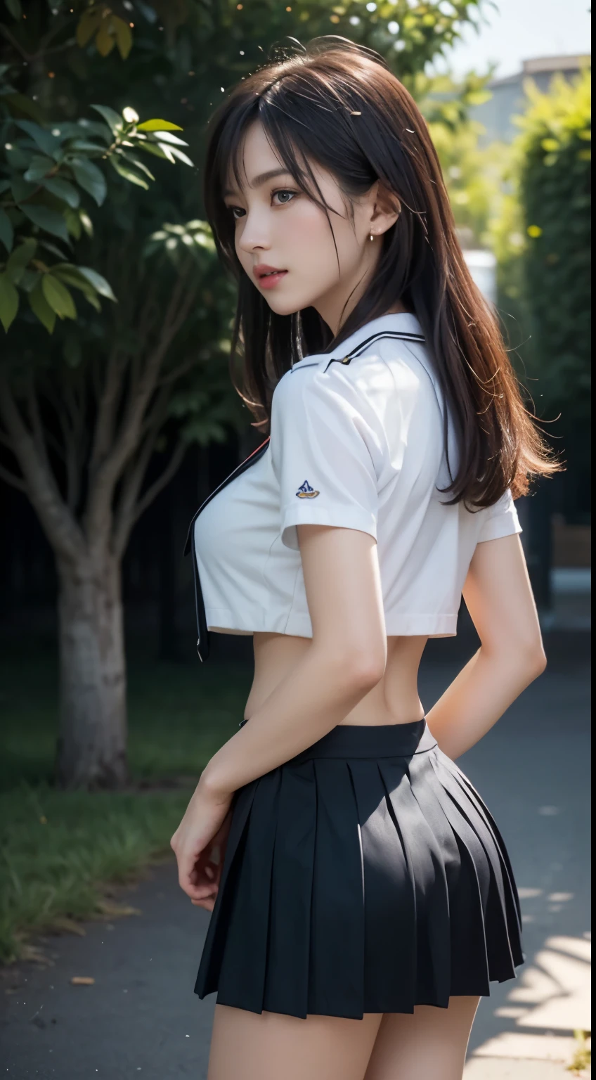 (highest quality:1.4), (hyper quality), (Super detailedな), 1 beautiful girl, (group of female high school students:1.3), Super cute, wonderful face and eyes, (Short-sleeved sailor suit made of thin white fabric), Black pleated micro mini skirt with low rise:1.1, (black pleated mini skirt:1.5), (Beautiful and incredibly big breasts:1.3), (The shape of the nipple protrusions through the uniform:1.4), (uniform is not exposed:1.2), (The fabric of the uniform is thin and the shape of her chest is clearly visible.:1.3), Realistic uniform wrinkles, (red scarf:1.1), (underboob:1.1), (Massaging her breasts over her uniform:1.2), (slender body:1.1), (slender and long beautiful legs), (thin waist), real skin texture, crystal clear very white skin, (bangs:1.2), earrings, light makeup, (Don't look at me, look ahead), beautiful goddess advent, beautiful background, golden ratio, conceptual art, Super detailed, Accurate, advanced details, (walk along a path surrounded by fields:1.2), My chest sways, Super close, sexy art, (Under the summer sun), bright light, Super delicate illustration details, Highly detailed CG integrated 8k wallpaper, RAW photo, professional photos, cinematic lighting, Depth of the bounds written, No bra, (The nipple protrusions push up the uniform:1.2), cropped tops, High heels on bare feet, (back view, stick out your butt)