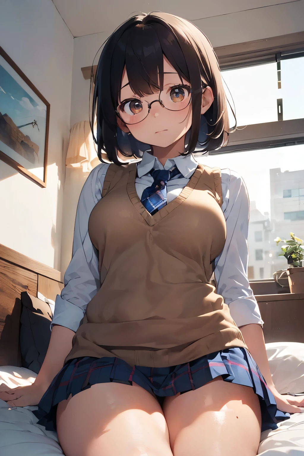 (((master piece))),a very cute girl, yo stuedent, ((shy)), black bob cut, glasses, (white collar shirt), ((light brown sweater vest, thighs close up, twilight)), (tie, navy blue plaid skirt), shitting in bedroom, (((thick thighs, medium breasts))), (dynamic angle, view from below)