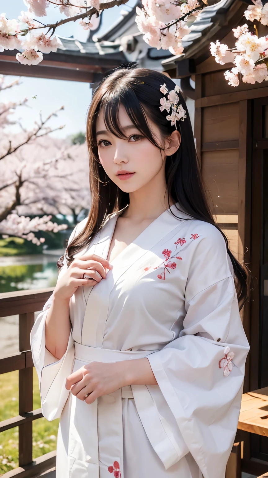 (logo、masterpiece、8k、table top、RAW photo、wonderful、最high quality、Photorealistic and hvery detailed CG integrated 8k wallpaper、high quality、very detailed、narrative poem、particle effects、dynamic effects、Depth of the bounds written、cinematic light、Lens flare、ray tracing)、fantasy、 (1 beautiful woman、white kimono、Japan Dresses、white cherry blossom pattern、White cherry blossom embroidery pattern、black haired、beautiful face、real face、beautiful details eyes beautiful skin)、Hair flutters in Wind、hair bounces、pink cherry tree、petals dance、SakuraFubuki、Spectacular view、sunrise、sun on background、Wind、god々、tooth、god話、vast land